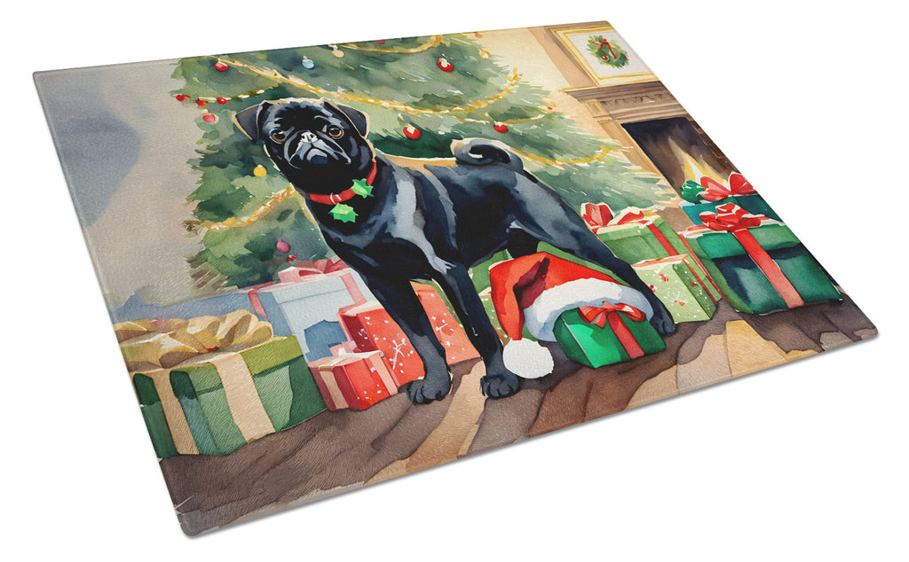 Pug Cozy Christmas Cutting Board Tempered Glass Kitchen Cutting Surface, Heat Resistant Chopping, Non-Slip Feet, Food Prep & Serving
