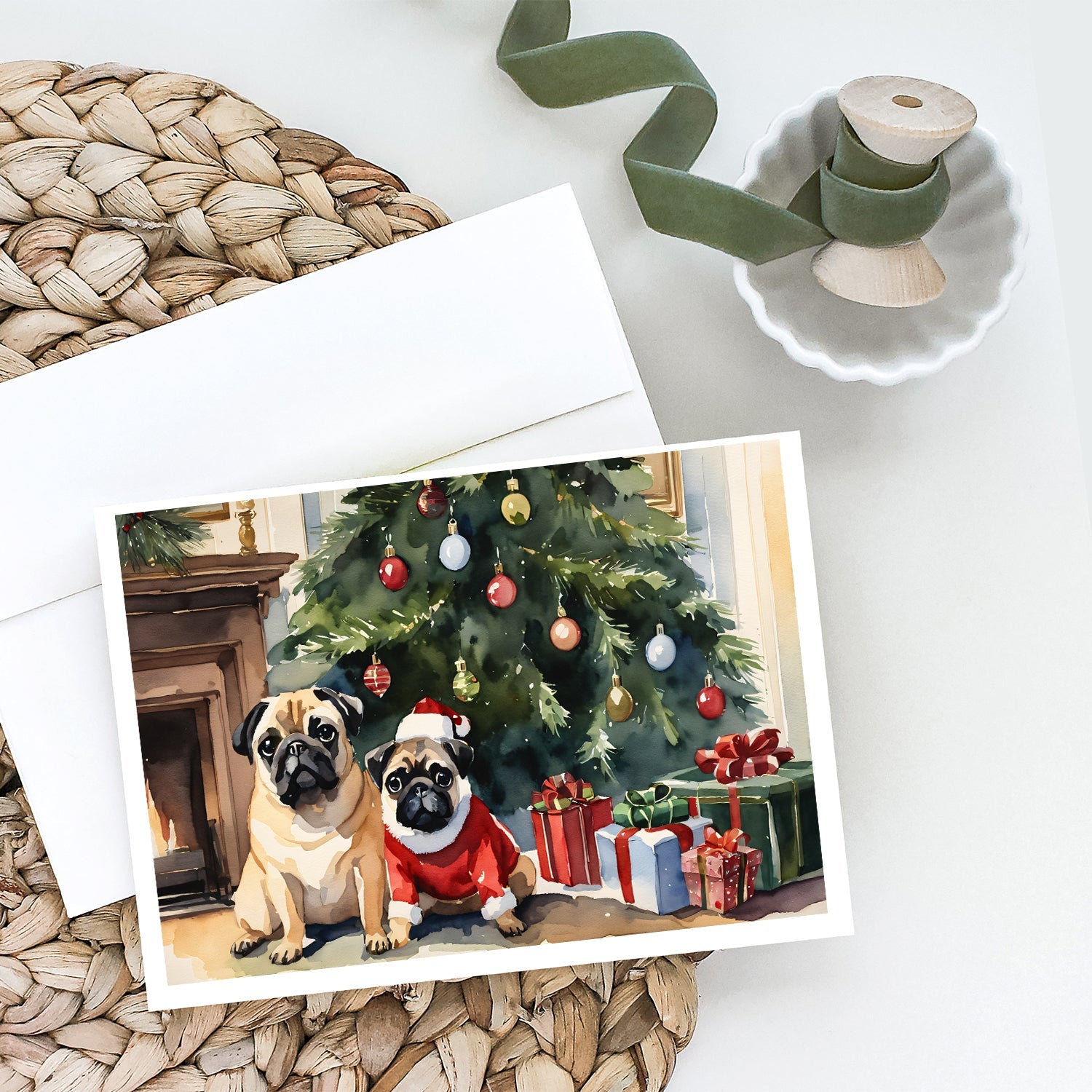 Pug Cozy Christmas Greeting Cards Pack of 8 Blank Cards with Envelopes Whimsical A7 Size 5x7