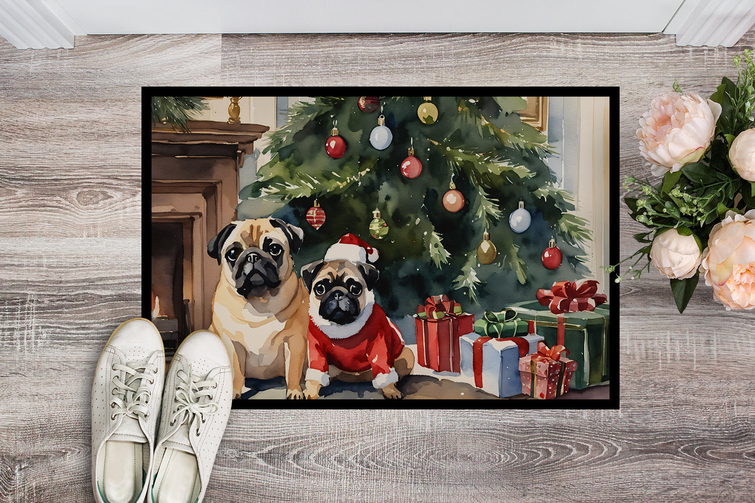 Pug Cozy Christmas Doormat Indoor Outdoor 18H X 27W Front Door Mat Rugs for Entryway, Non Slip Washable