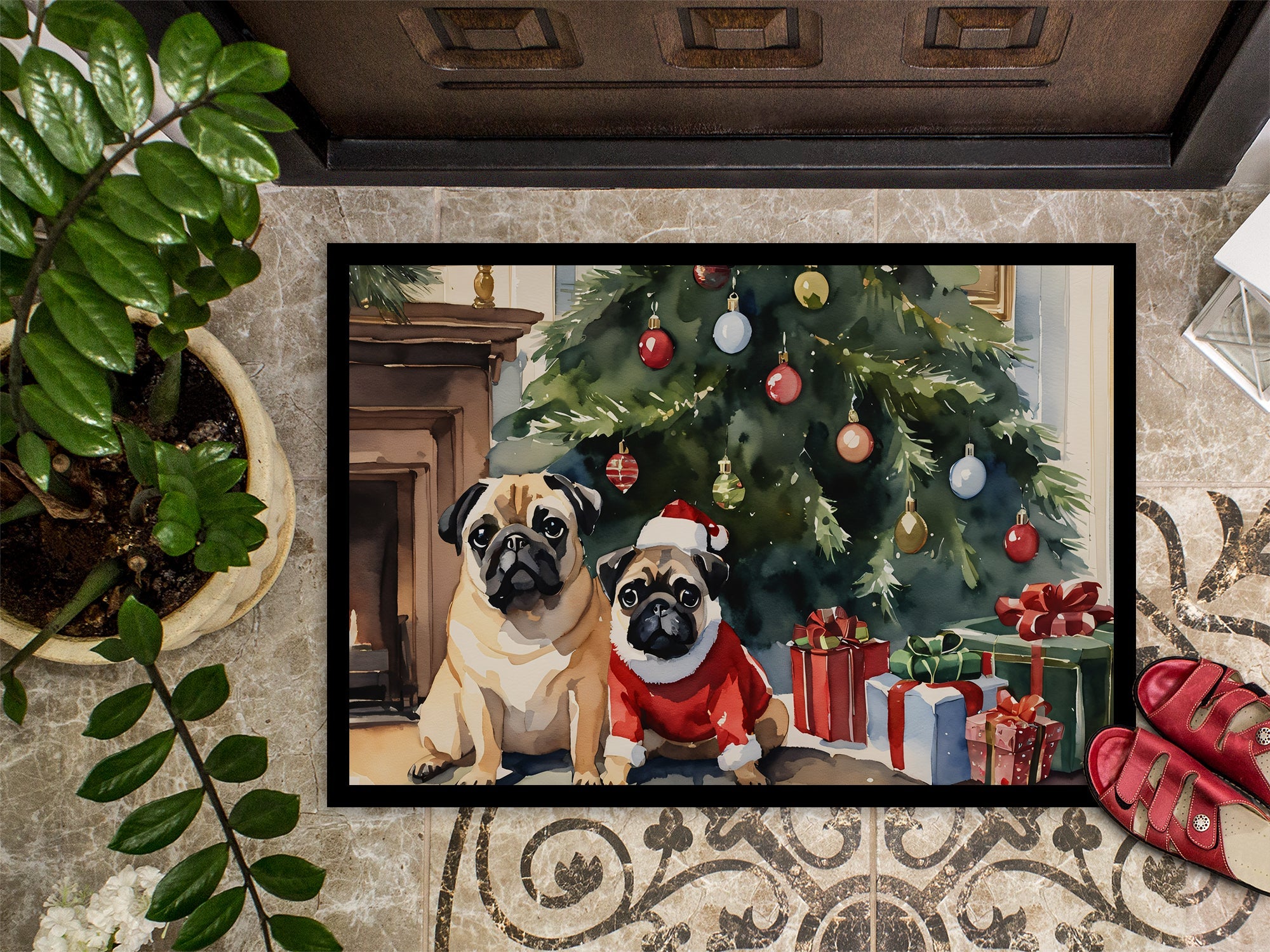 Pug Cozy Christmas Doormat Indoor Outdoor 18H X 27W Front Door Mat Rugs for Entryway, Non Slip Washable