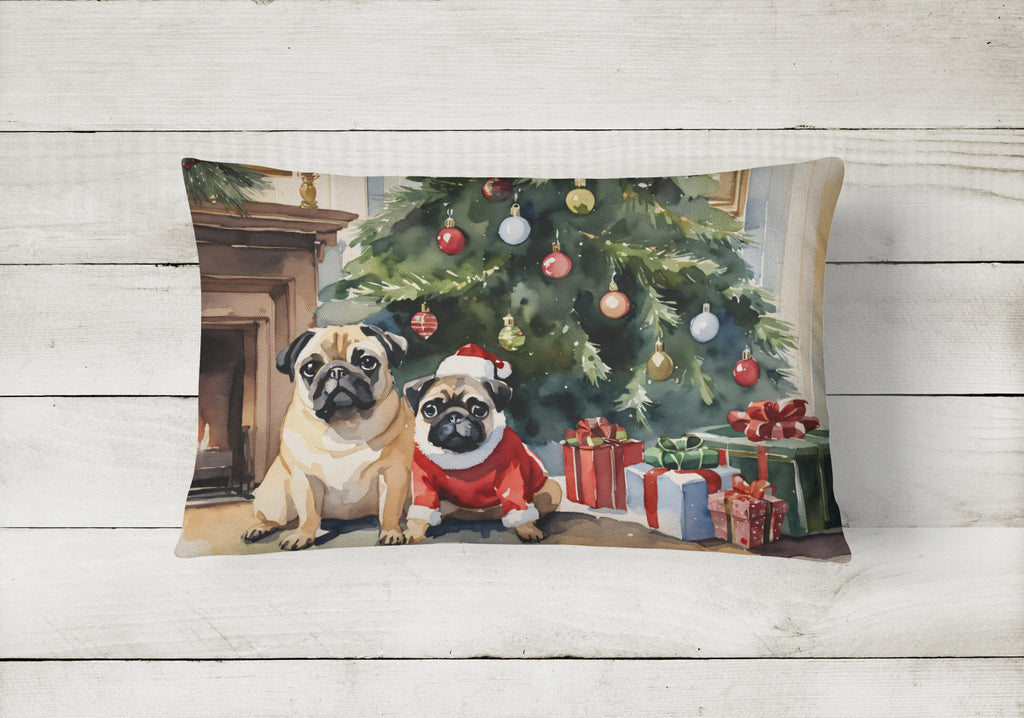 Pug Cozy Christmas Decorative Throw Pillow 12x16 Indoor Outdoor Accent Cushion, Fabric Cover with Insert for Sofa, Bed, Porch & Living Room