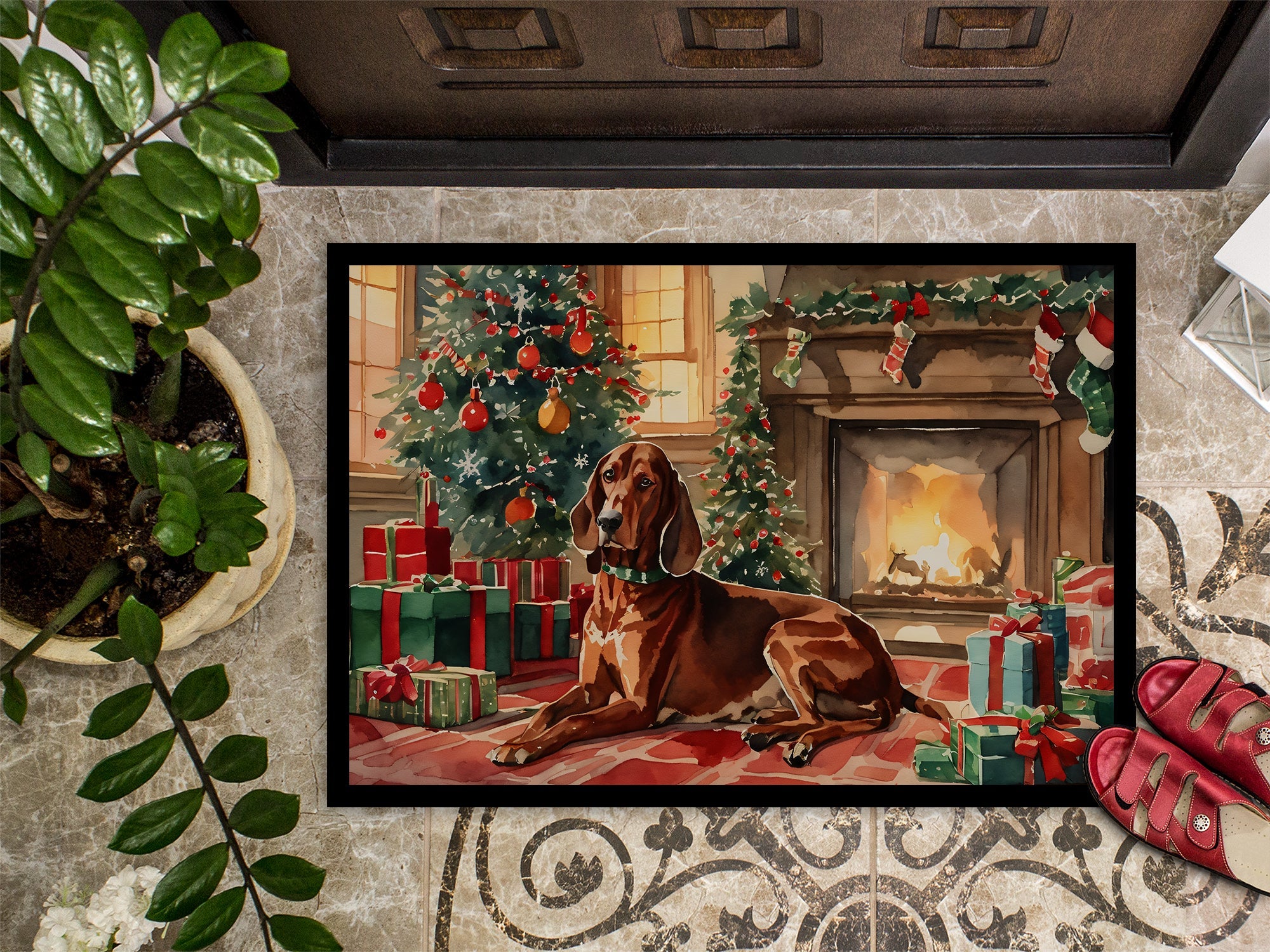 Redbone Coonhound Cozy Christmas Doormat Indoor Outdoor 18H X 27W Front Door Mat Rugs for Entryway, Non Slip Washable