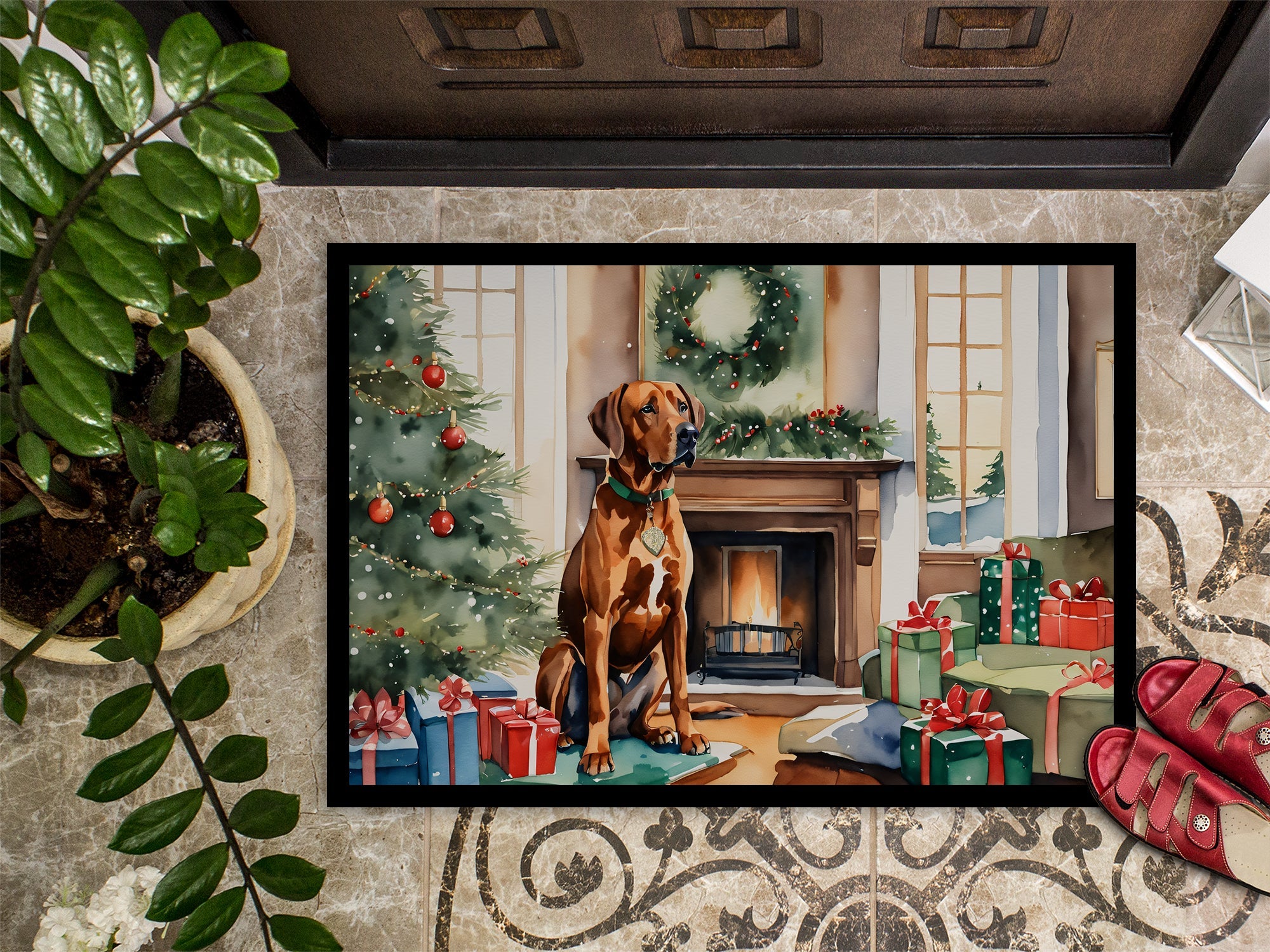 Rhodesian Ridgeback Cozy Christmas Doormat Indoor Outdoor 24H X 36W Front Door Mat Rugs for Entryway, Non Slip Washable Low Pile,