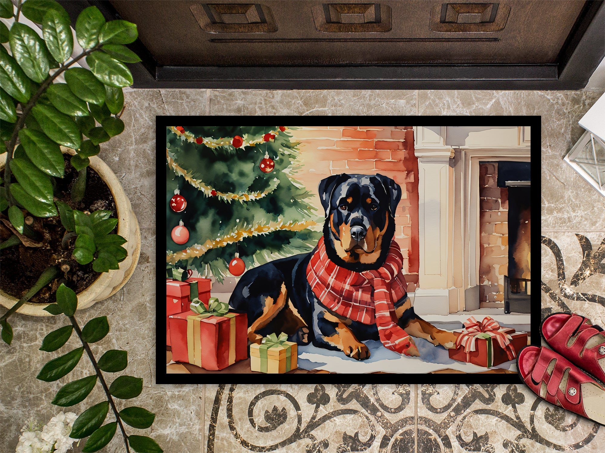 Rottweiler Cozy Christmas Doormat Indoor Outdoor 24H X 36W Front Door Mat Rugs for Entryway, Non Slip Washable Low Pile,