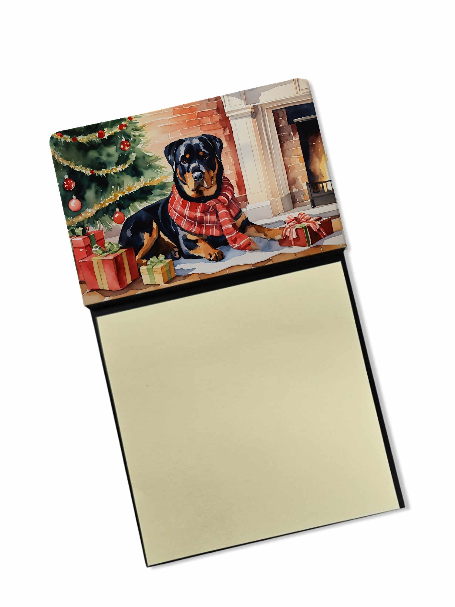 Rottweiler Cozy Christmas Watercolor Sticky Note Holder Refillable Dispenser Desk Accessory 3x3 Pad Gift