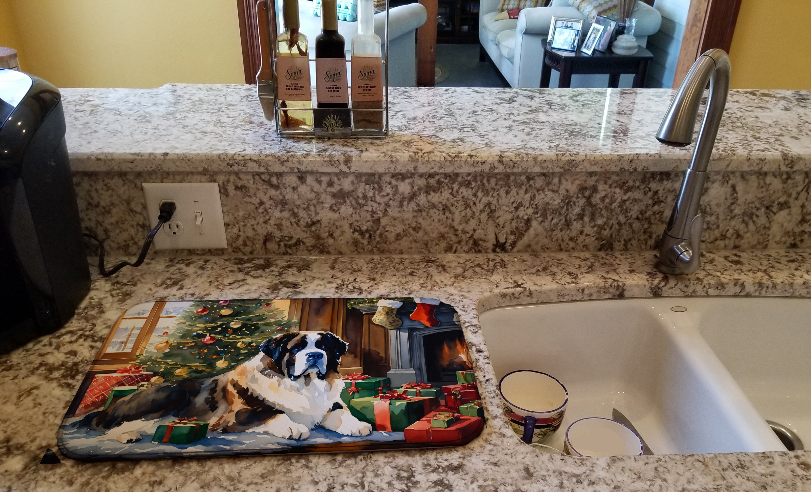 Saint Bernard Cozy Christmas Dish Drying Mat Absorbent Dish Drying Mat Pad for Kitchen Counter Dish Drainer Mat for Countertop, 14 x 21", Multicolor