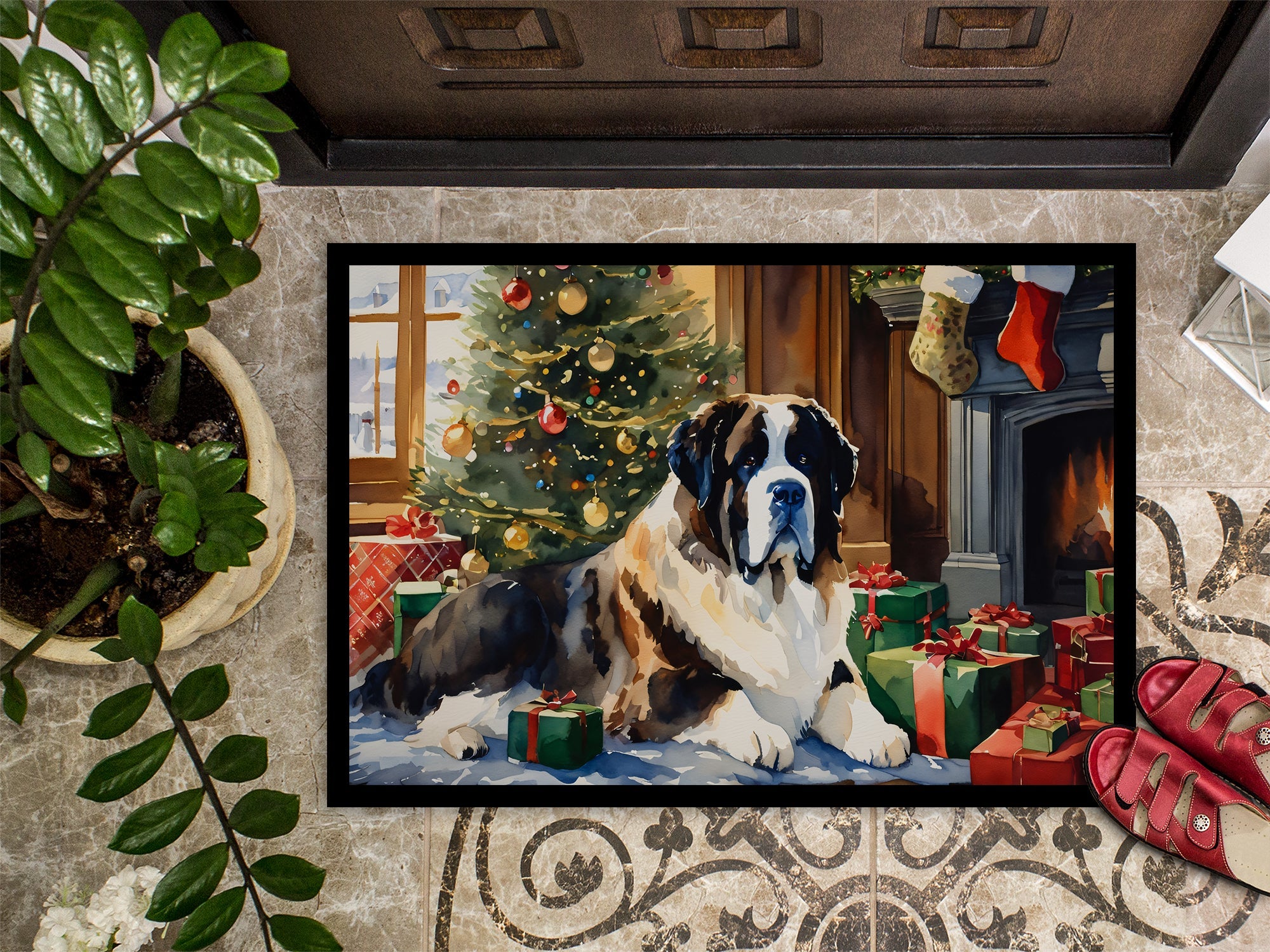 Saint Bernard Cozy Christmas Doormat Indoor Outdoor 24H X 36W Front Door Mat Rugs for Entryway, Non Slip Washable Low Pile,