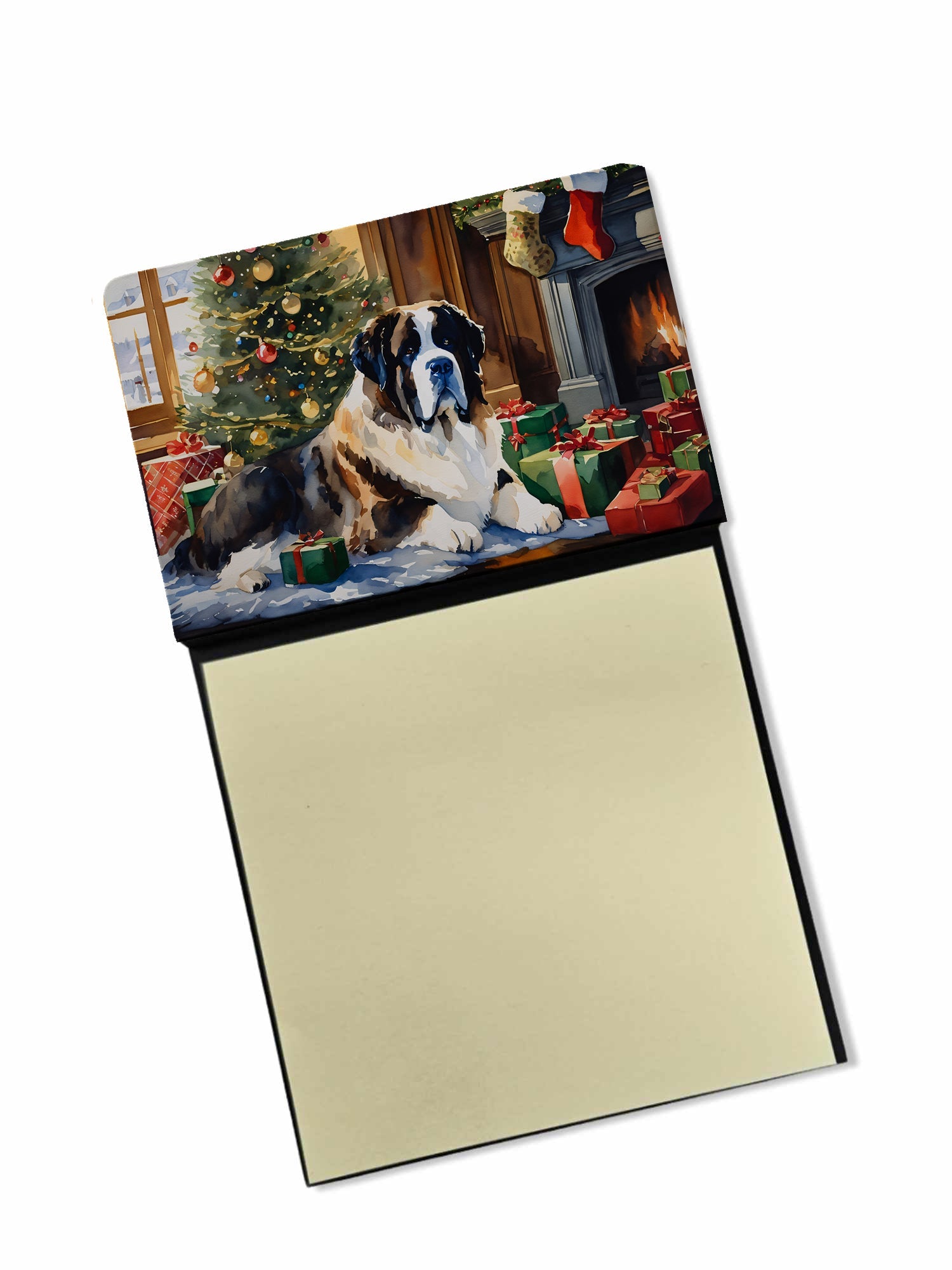 Saint Bernard Cozy Christmas Watercolor Sticky Note Holder Refillable Dispenser Desk Accessory 3x3 Pad Gift