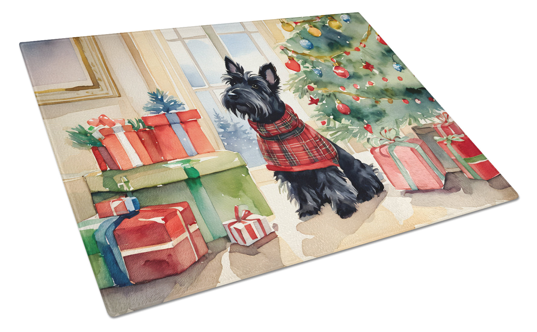 Scottish Terrier Cozy Christmas Cutting Board Tempered Glass Kitchen Cutting Surface, Heat Resistant Chopping, Non-Slip Feet, Food Prep & Serving