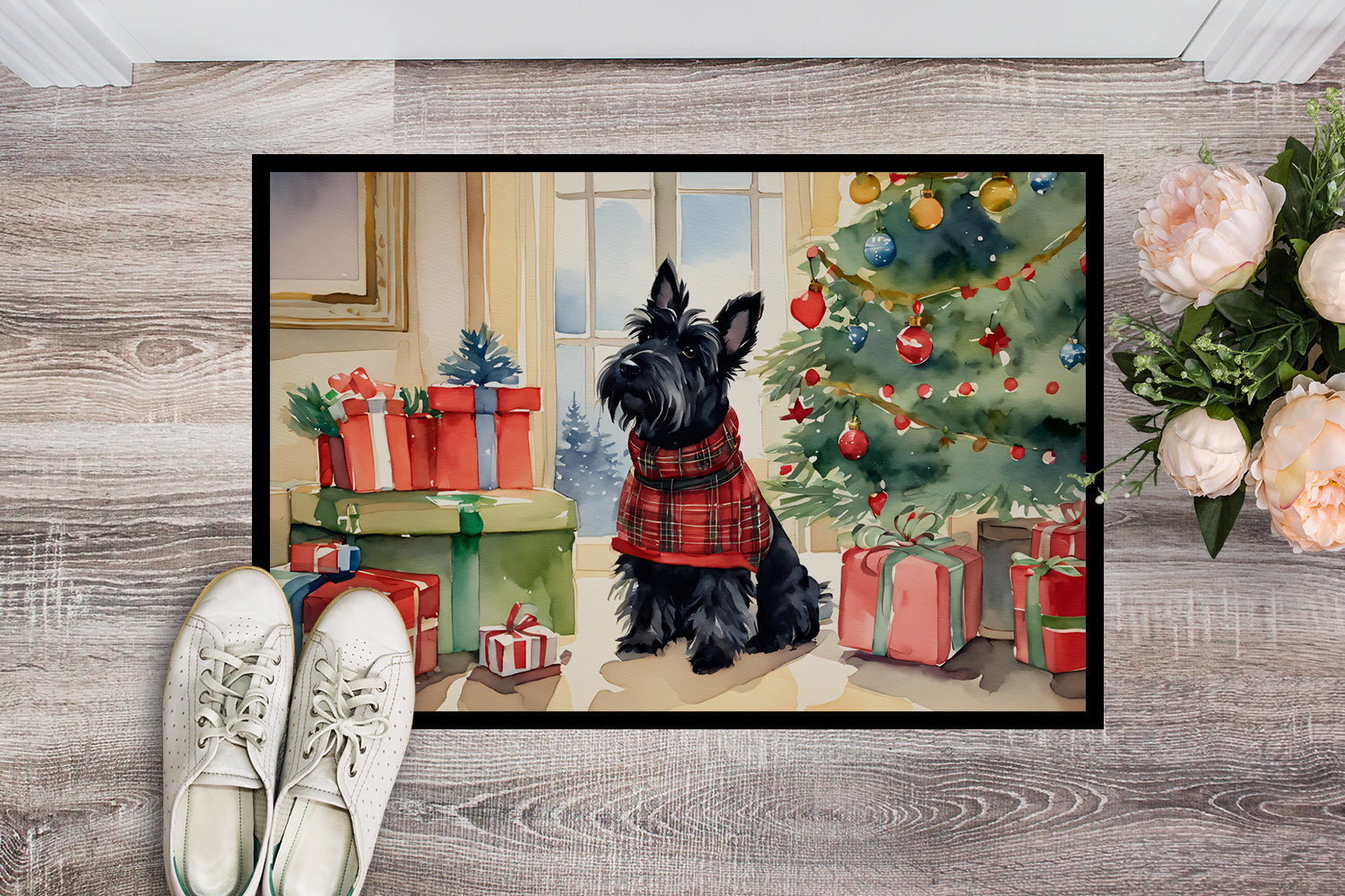 Scottish Terrier Cozy Christmas Doormat Indoor Outdoor 18H X 27W Front Door Mat Rugs for Entryway, Non Slip Washable