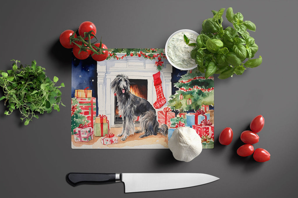 Scottish Deerhound Cozy Christmas Cutting Board Tempered Glass Kitchen Cutting Surface, Heat Resistant Chopping, Non-Slip Feet, Food Prep & Serving