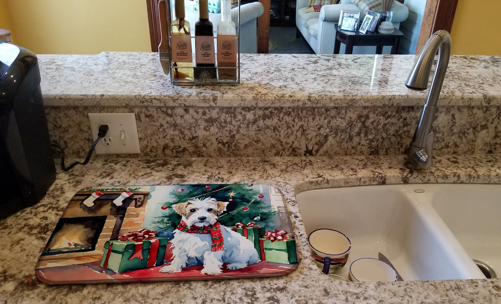 Sealyham Terrier Cozy Christmas Dish Drying Mat Absorbent Dish Drying Mat Pad for Kitchen Counter Dish Drainer Mat for Countertop, 14 x 21", Multicolor