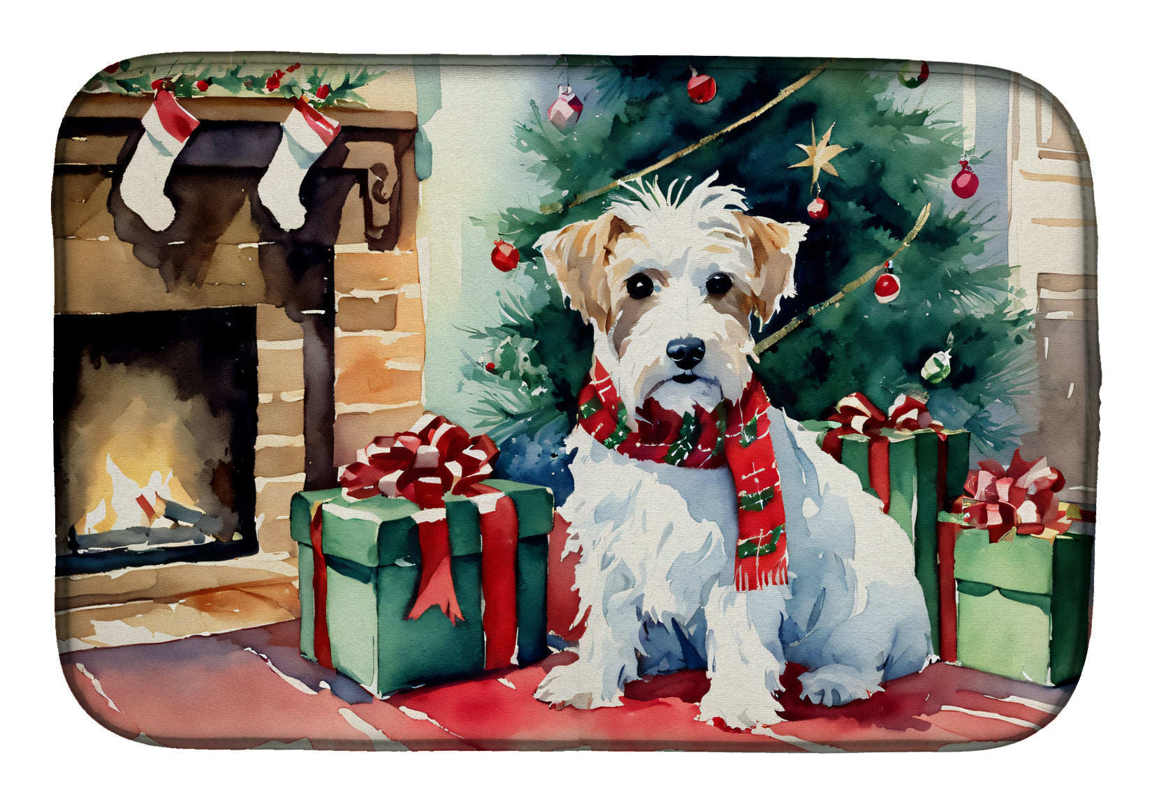 Sealyham Terrier Cozy Christmas Dish Drying Mat Absorbent Dish Drying Mat Pad for Kitchen Counter Dish Drainer Mat for Countertop, 14 x 21", Multicolor