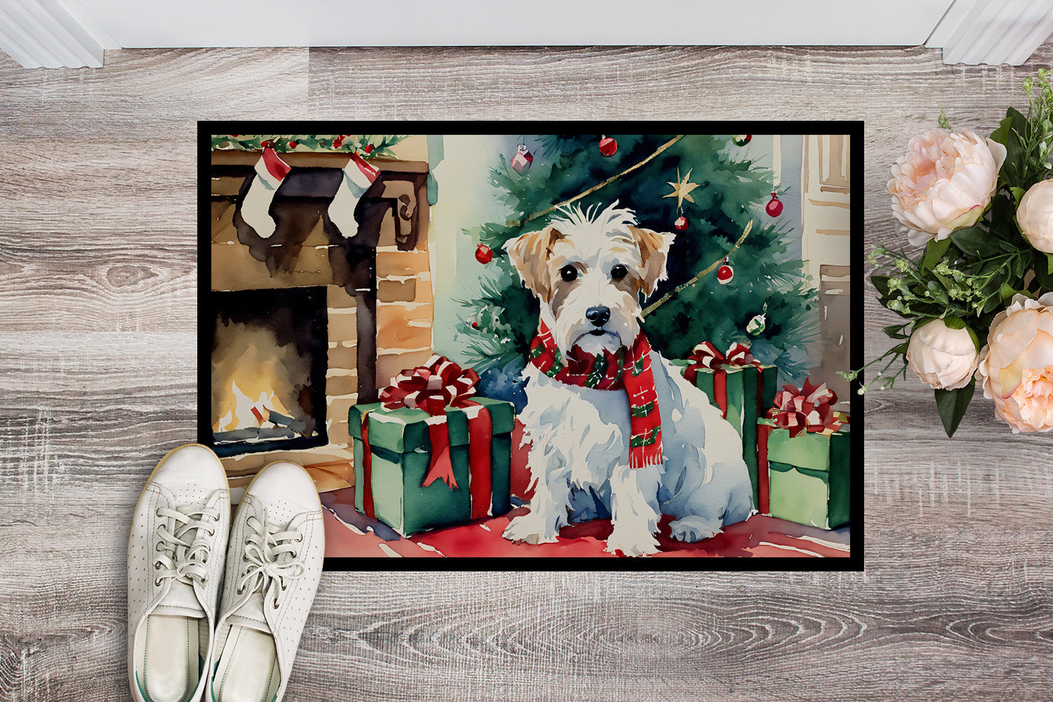 Sealyham Terrier Cozy Christmas Doormat Indoor Outdoor 24H X 36W Front Door Mat Rugs for Entryway, Non Slip Washable Low Pile,