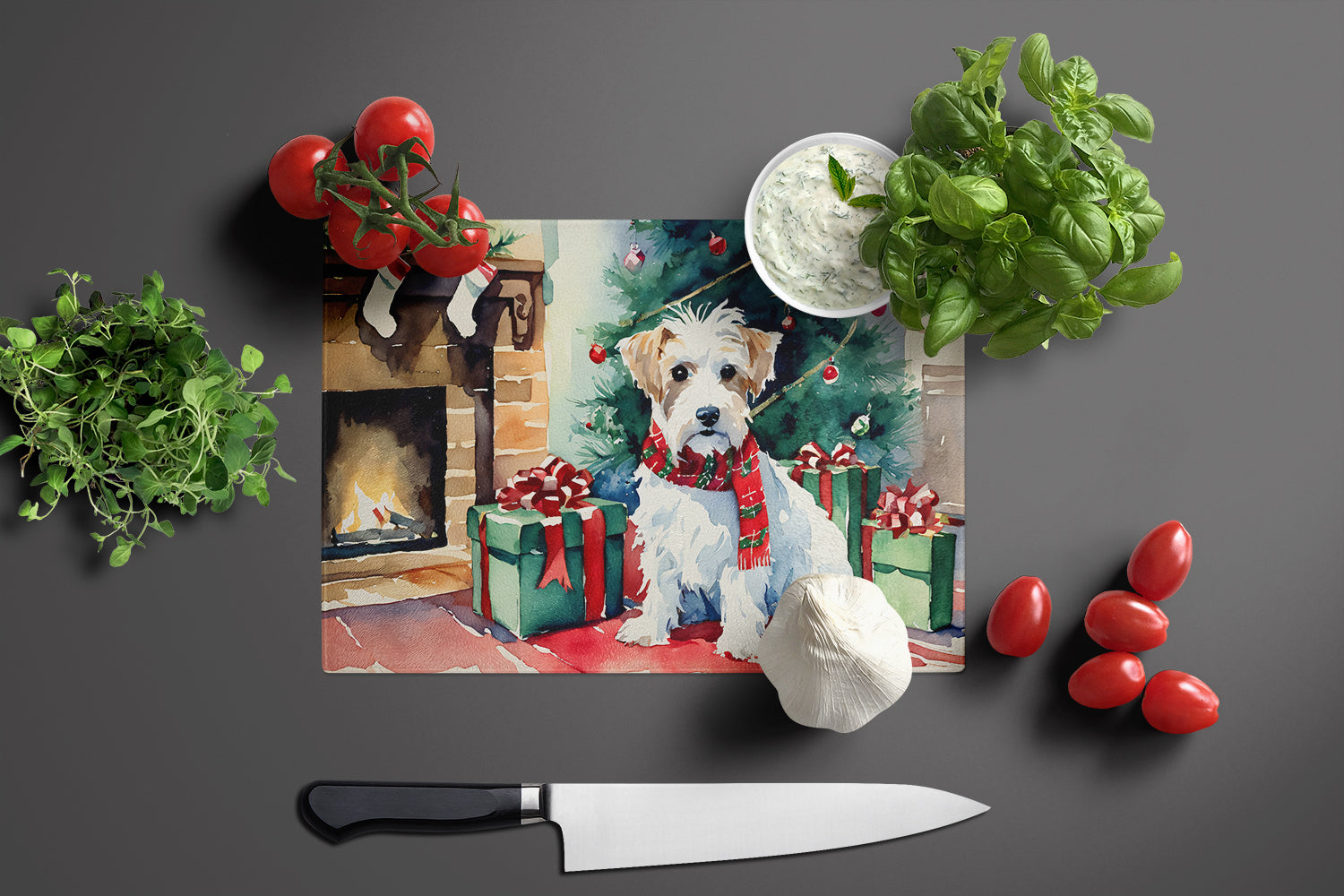 Sealyham Terrier Cozy Christmas Cutting Board Tempered Glass Kitchen Cutting Surface, Heat Resistant Chopping, Non-Slip Feet, Food Prep & Serving