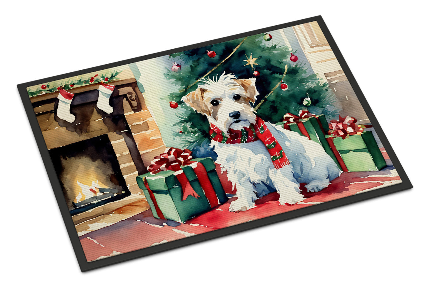 Sealyham Terrier Cozy Christmas Doormat Indoor Outdoor 18H X 27W Front Door Mat Rugs for Entryway, Non Slip Washable