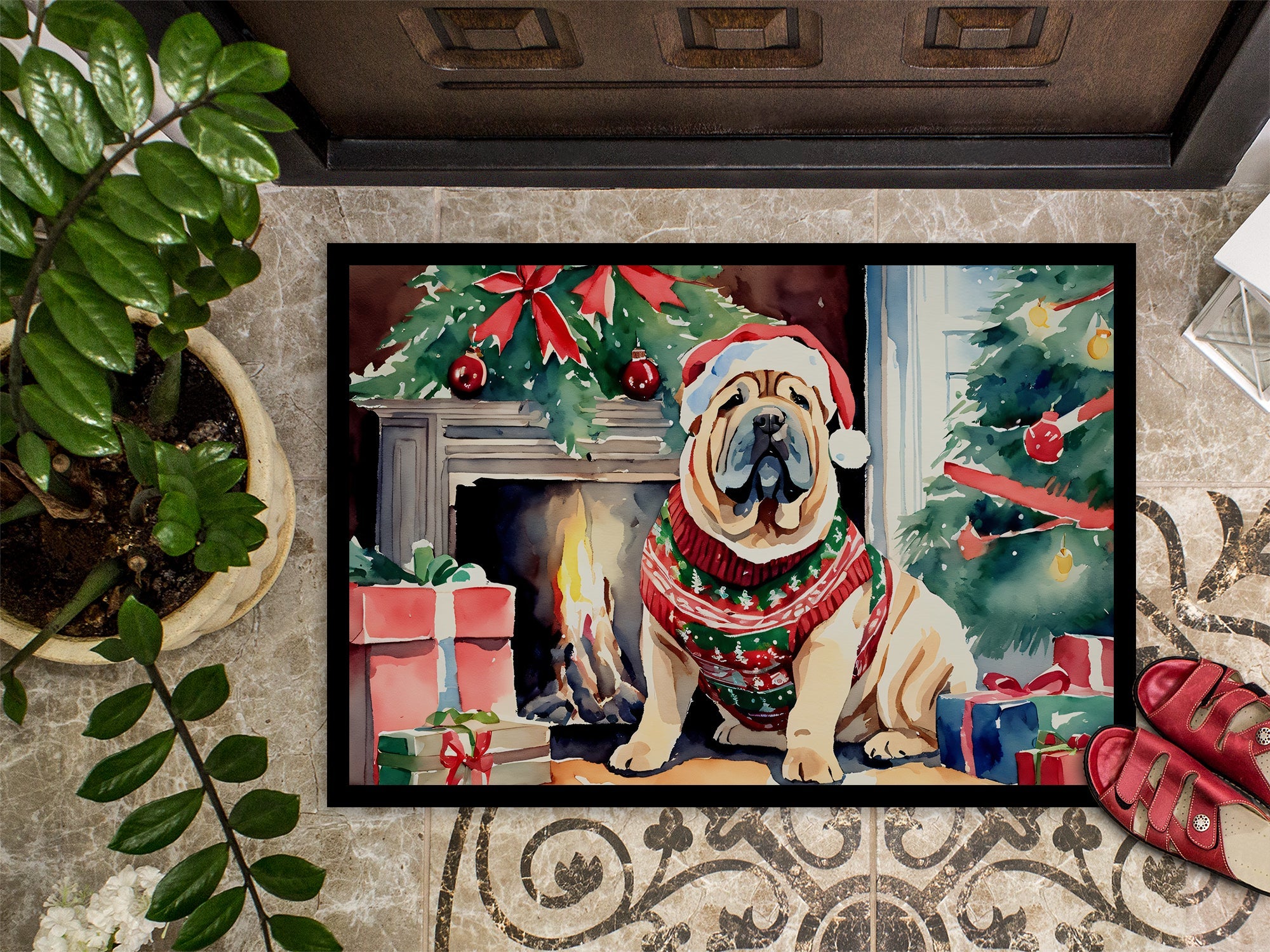 Shar Pei Cozy Christmas Doormat Indoor Outdoor 18H X 27W Front Door Mat Rugs for Entryway, Non Slip Washable