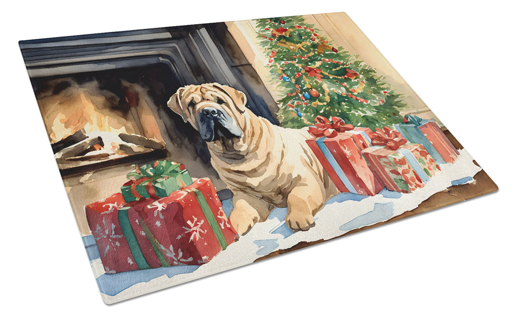 Shar Pei Cozy Christmas Cutting Board Tempered Glass Kitchen Cutting Surface, Heat Resistant Chopping, Non-Slip Feet, Food Prep & Serving