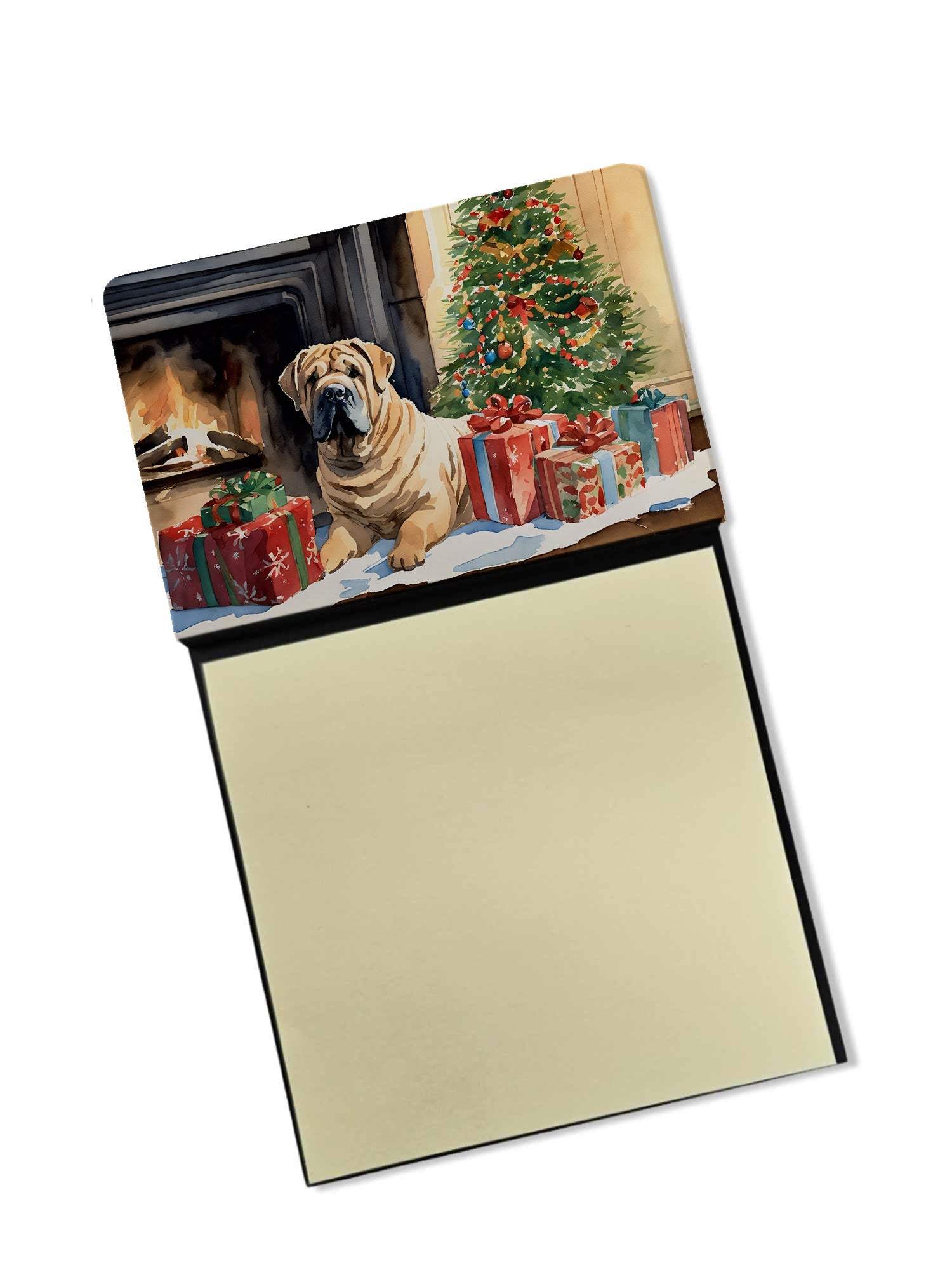 Shar Pei Cozy Christmas Watercolor Sticky Note Holder Refillable Dispenser Desk Accessory 3x3 Pad Gift