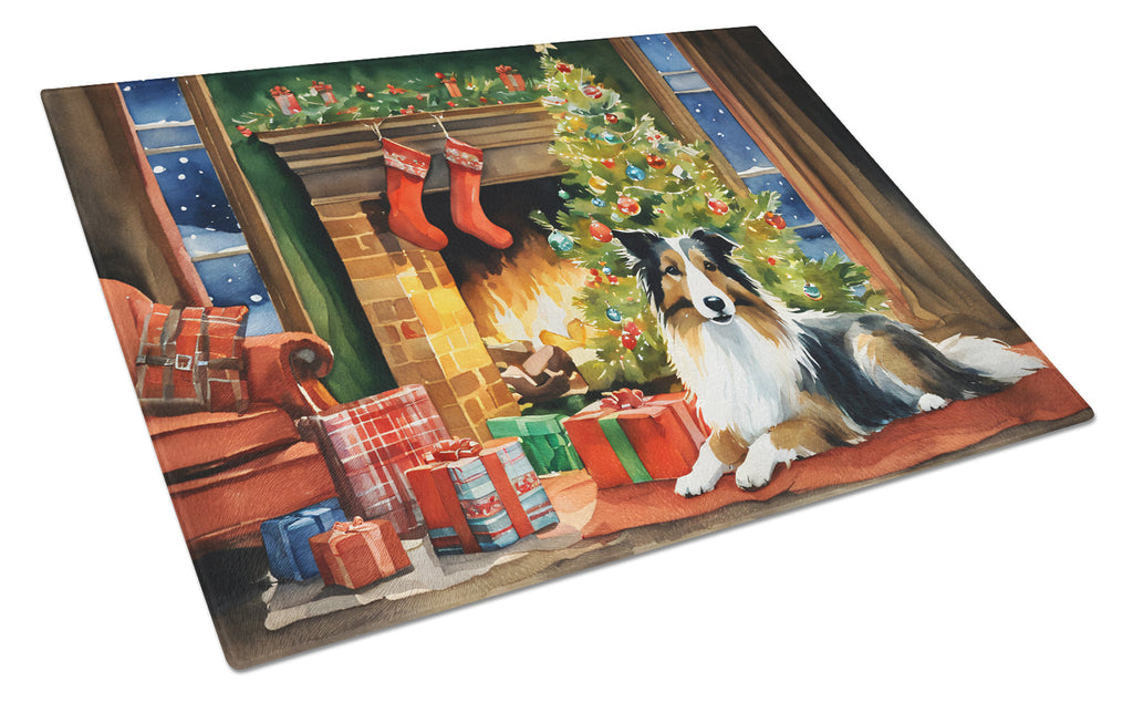Sheltie Cozy Christmas Cutting Board Tempered Glass Kitchen Cutting Surface, Heat Resistant Chopping, Non-Slip Feet, Food Prep & Serving