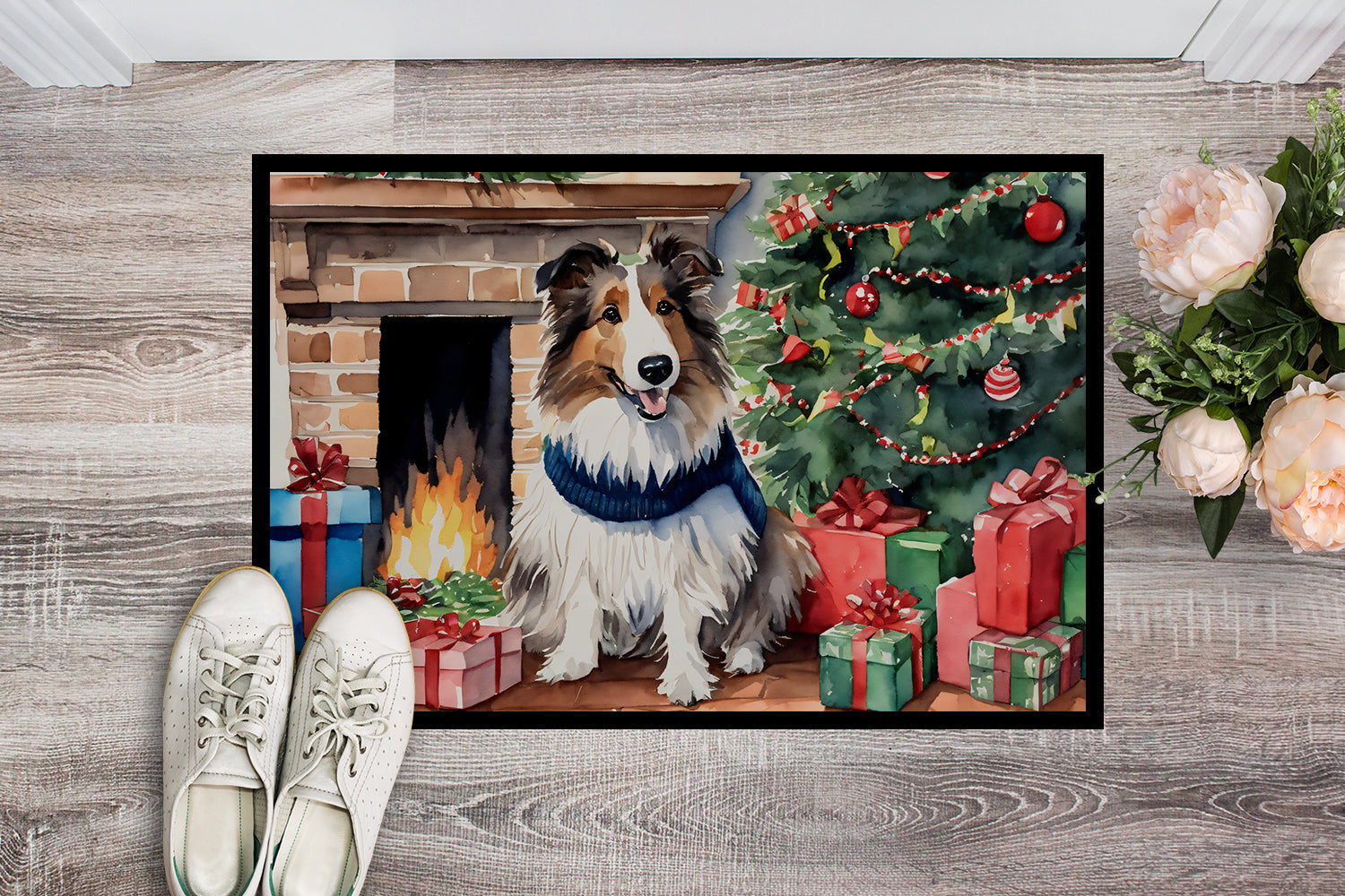 Sheltie Cozy Christmas Doormat Indoor Outdoor 24H X 36W Front Door Mat Rugs for Entryway, Non Slip Washable Low Pile,