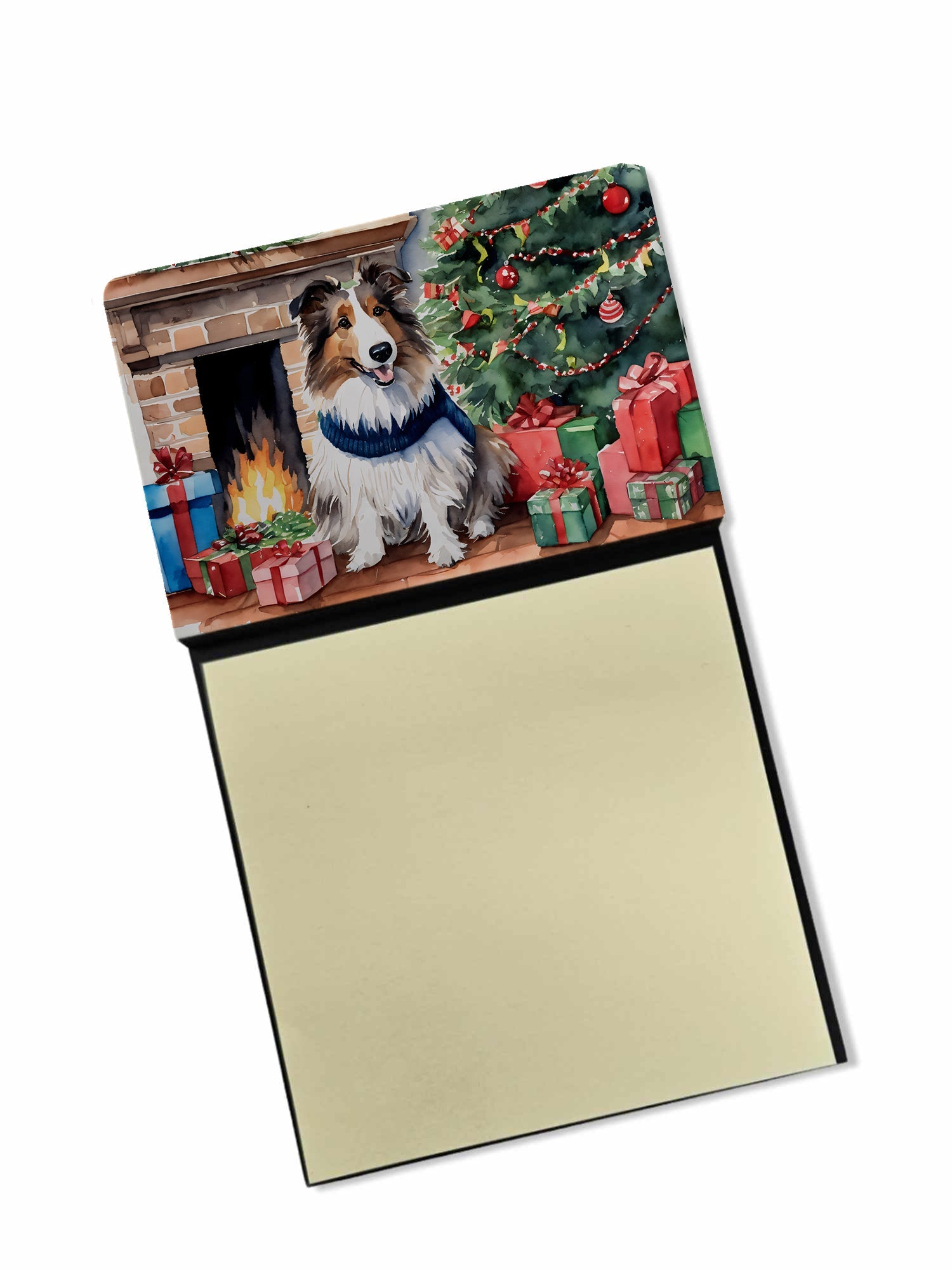 Sheltie Cozy Christmas Watercolor Sticky Note Holder Refillable Dispenser Desk Accessory 3x3 Pad Gift