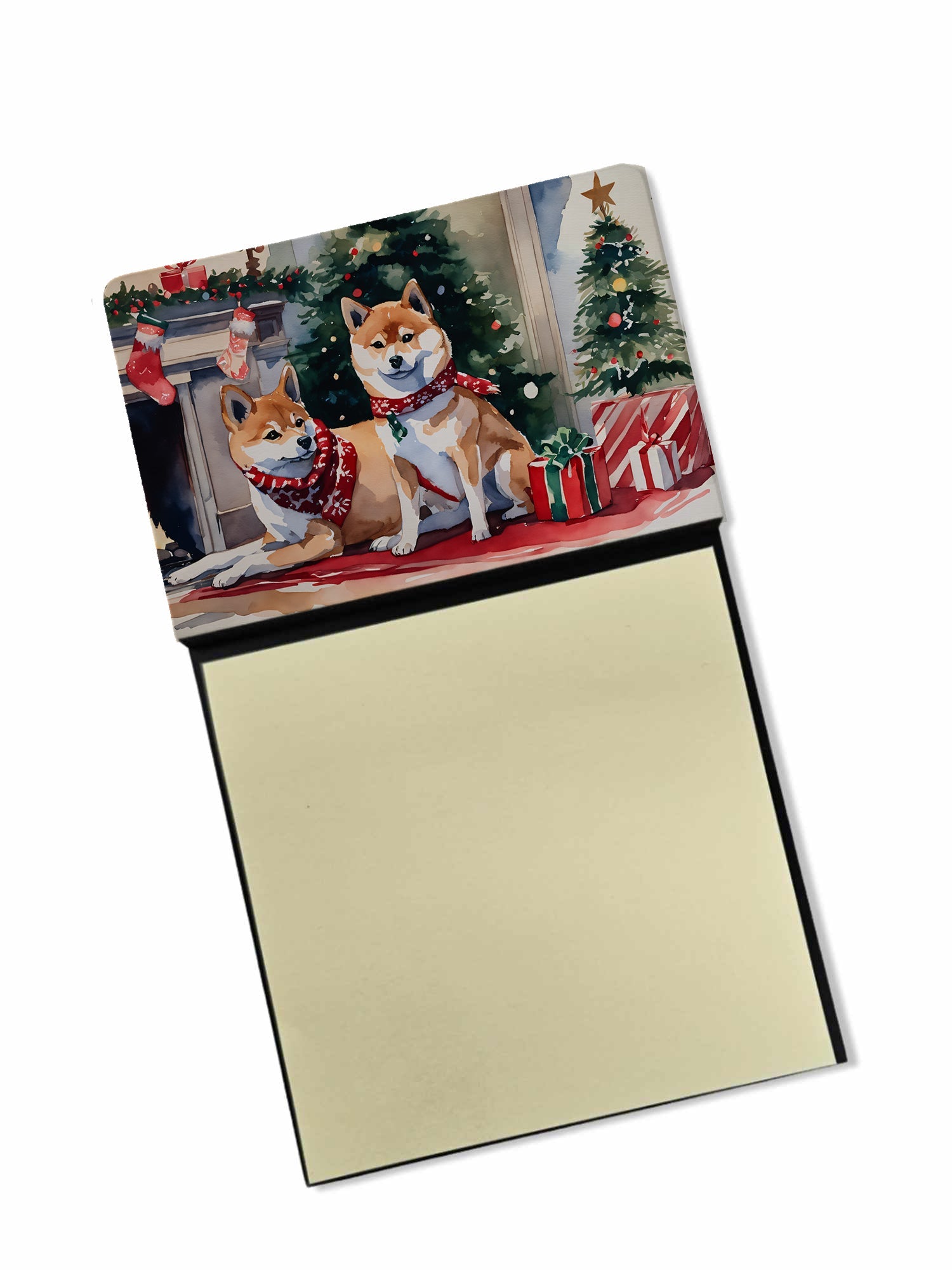 Shiba Inu Cozy Christmas Watercolor Sticky Note Holder Refillable Dispenser Desk Accessory 3x3 Pad Gift