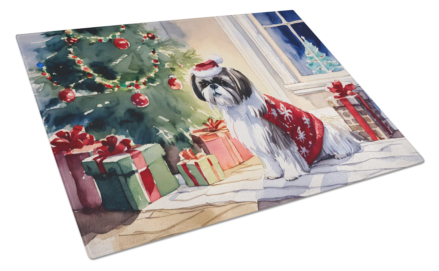 Shih Tzu Cozy Christmas Cutting Board Tempered Glass Kitchen Cutting Surface, Heat Resistant Chopping, Non-Slip Feet, Food Prep & Serving