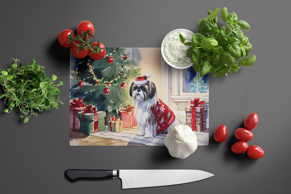 Shih Tzu Cozy Christmas Cutting Board Tempered Glass Kitchen Cutting Surface, Heat Resistant Chopping, Non-Slip Feet, Food Prep & Serving