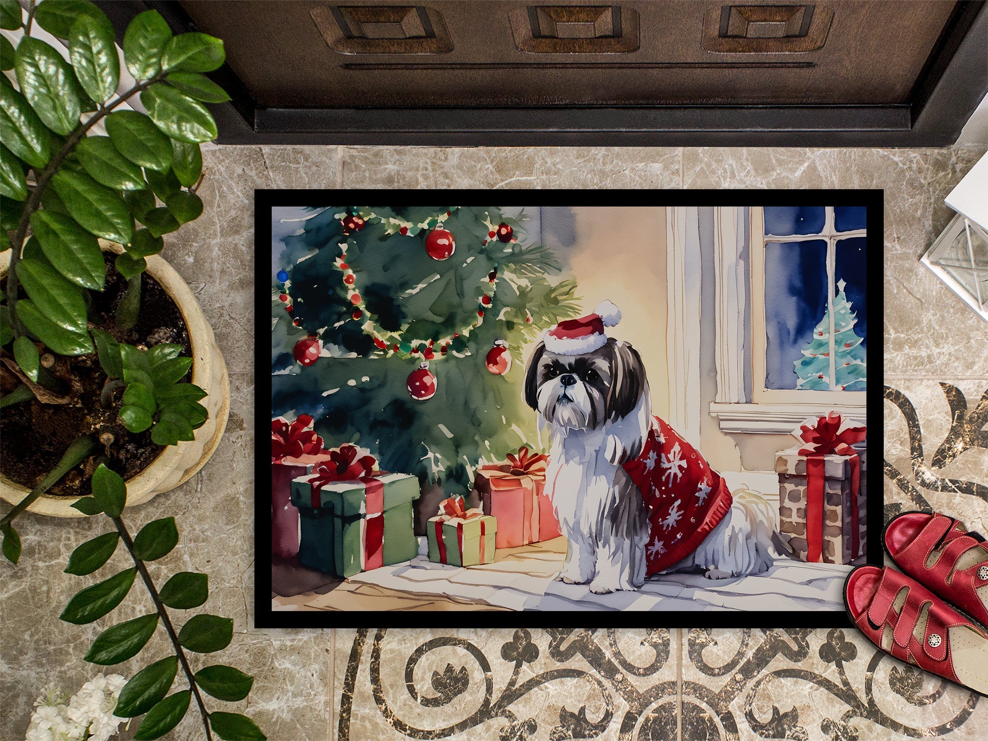 Shih Tzu Cozy Christmas Doormat Indoor Outdoor 18H X 27W Front Door Mat Rugs for Entryway, Non Slip Washable
