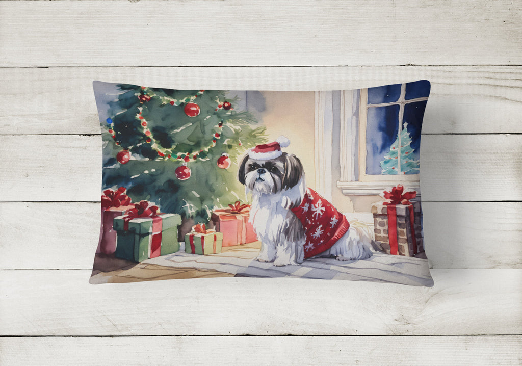 Shih Tzu Cozy Christmas Decorative Throw Pillow 12x16 Indoor Outdoor Accent Cushion, Fabric Cover with Insert for Sofa, Bed, Porch & Living Room