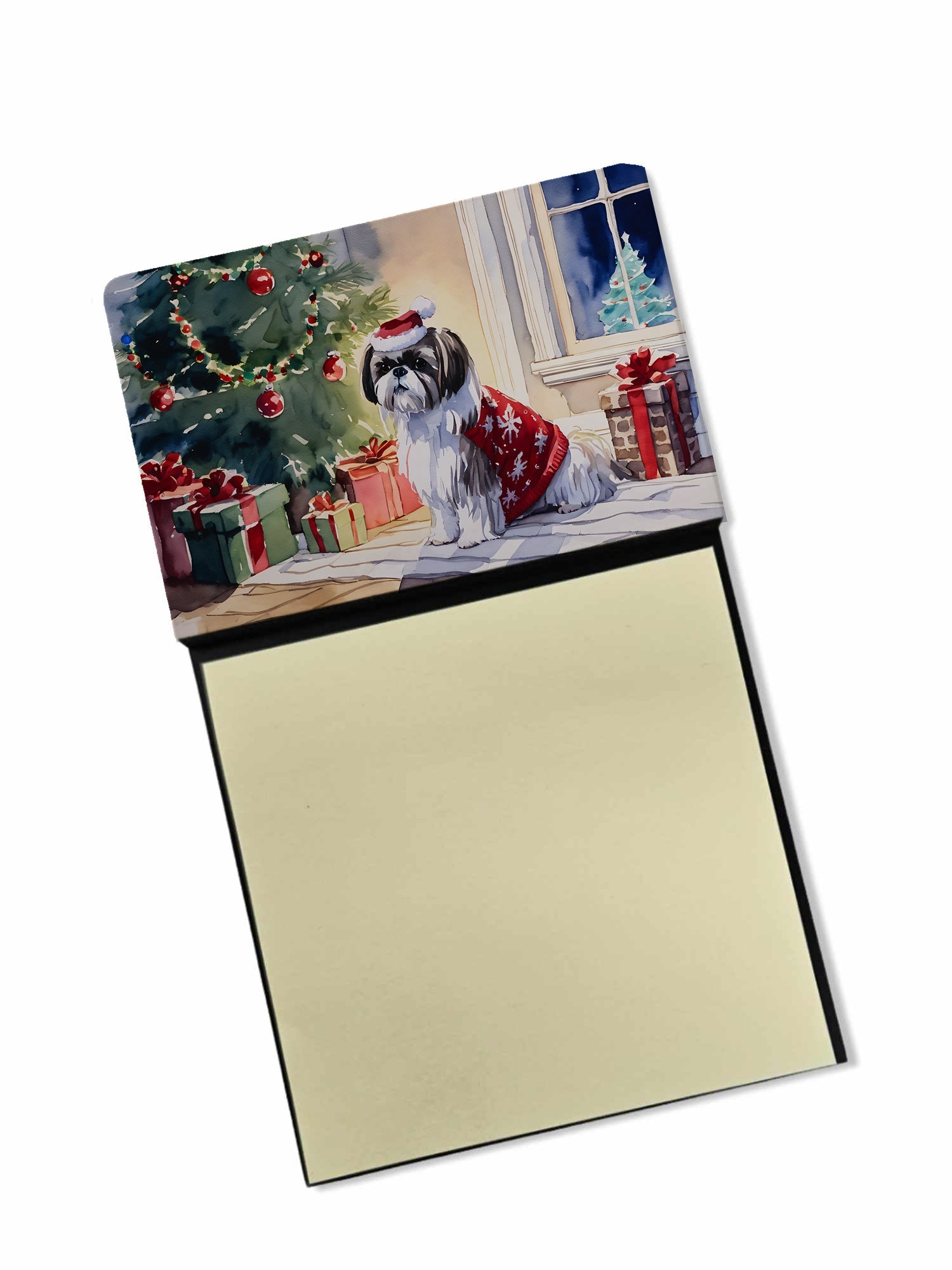 Shih Tzu Cozy Christmas Watercolor Sticky Note Holder Refillable Dispenser Desk Accessory 3x3 Pad Gift