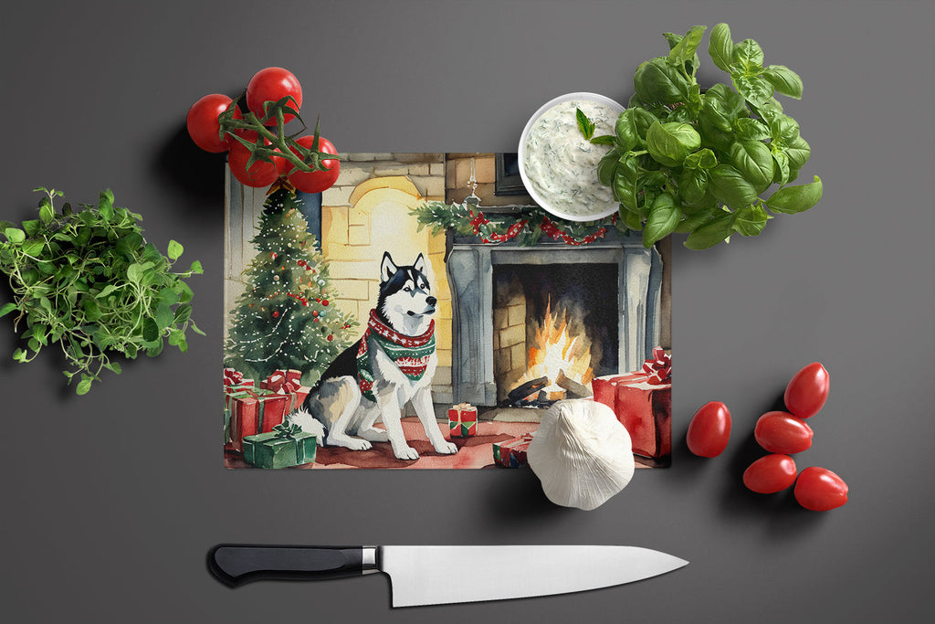 Siberian Husky Cozy Christmas Cutting Board Tempered Glass Kitchen Cutting Surface, Heat Resistant Chopping, Non-Slip Feet, Food Prep & Serving