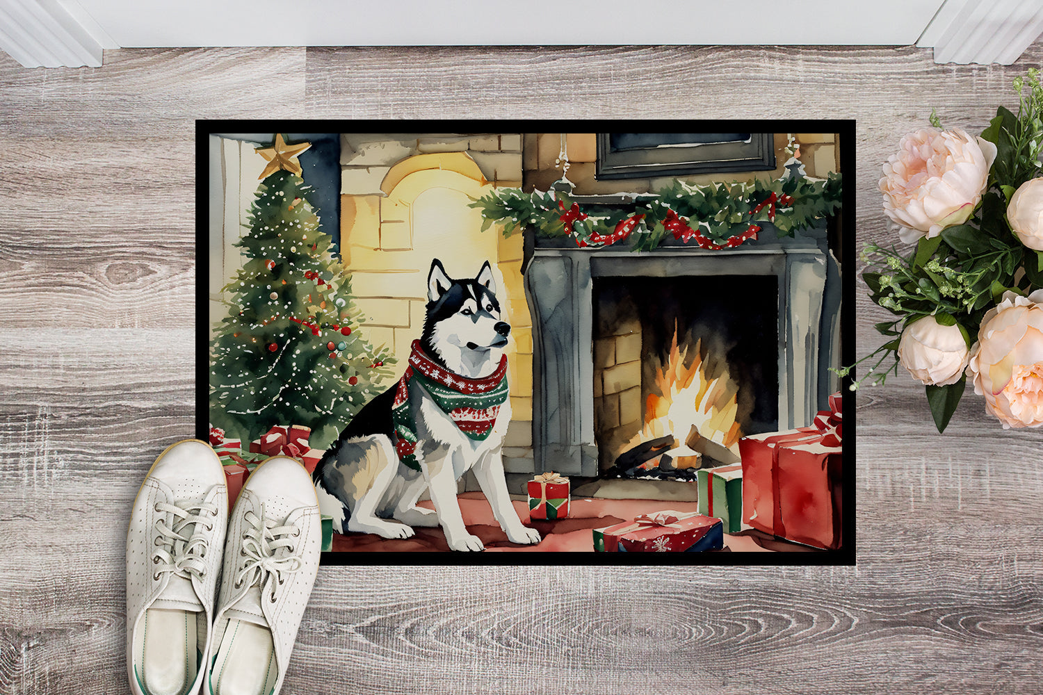 Siberian Husky Cozy Christmas Doormat Indoor Outdoor 18H X 27W Front Door Mat Rugs for Entryway, Non Slip Washable