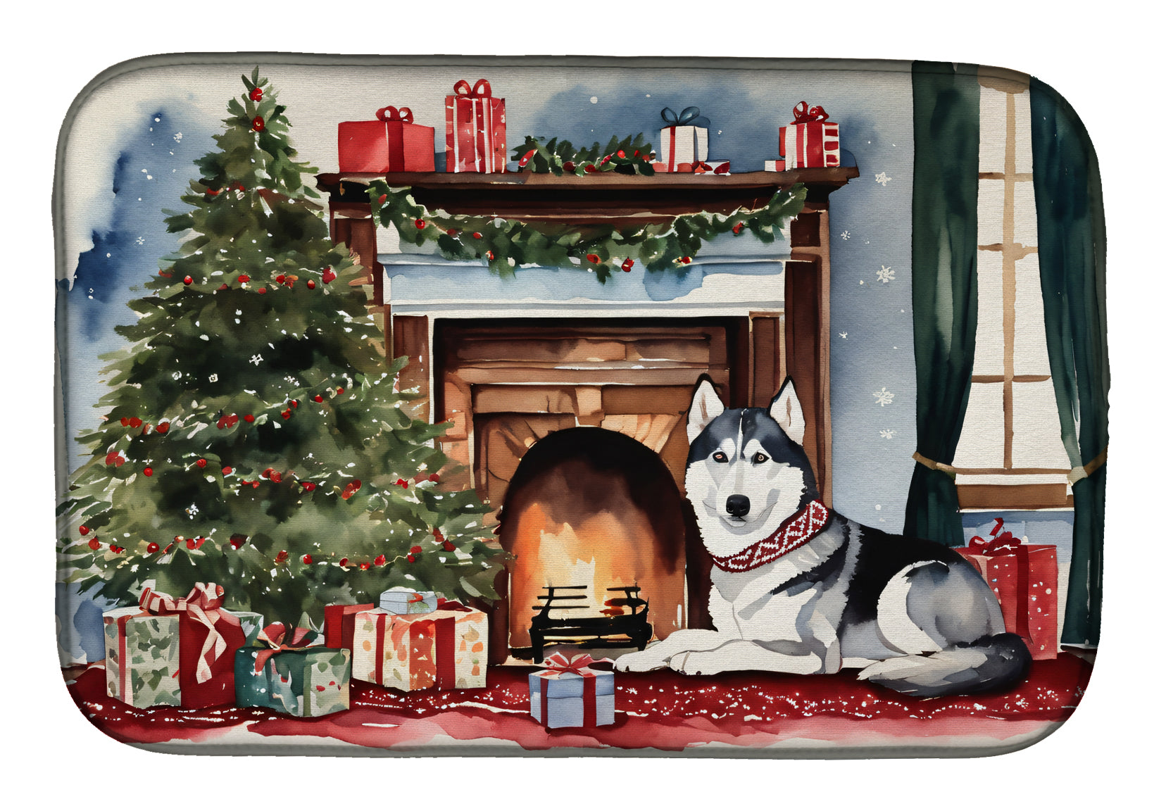 Siberian Husky Cozy Christmas Dish Drying Mat Absorbent Dish Drying Mat Pad for Kitchen Counter Dish Drainer Mat for Countertop, 14 x 21", Multicolor