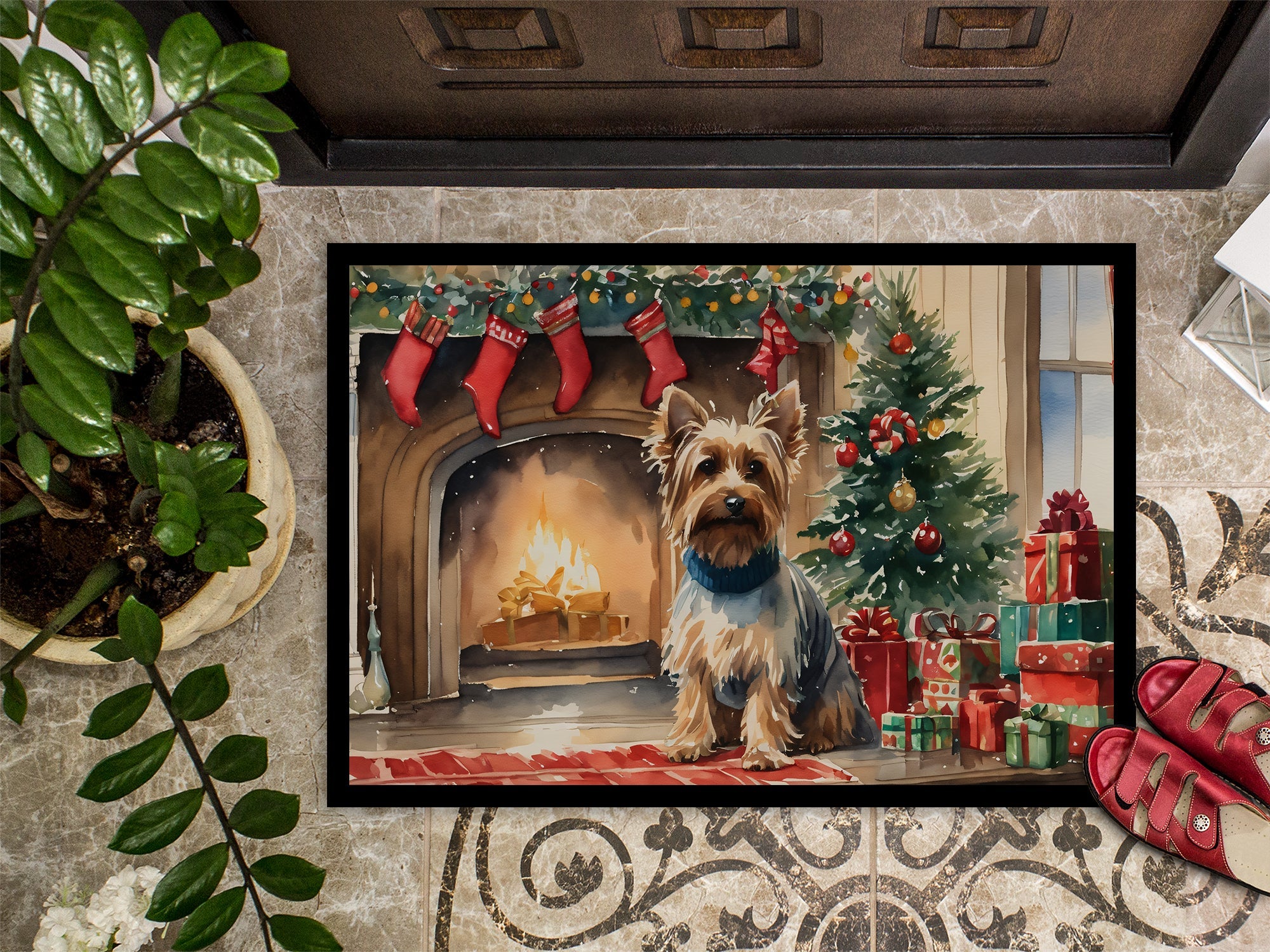 Silky Terrier Cozy Christmas Doormat Indoor Outdoor 18H X 27W Front Door Mat Rugs for Entryway, Non Slip Washable