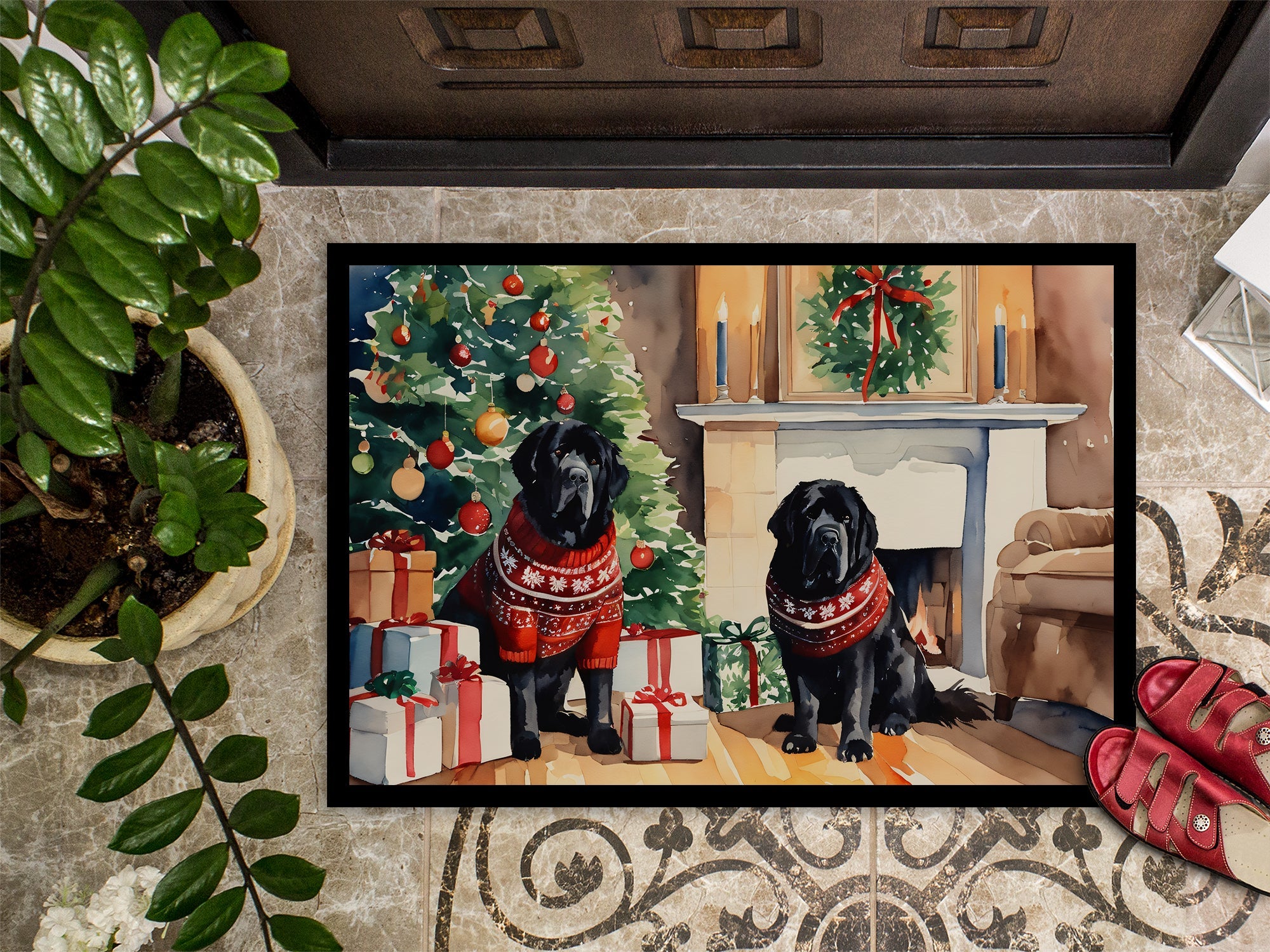 Tibetan Mastiff Cozy Christmas Doormat Indoor Outdoor 18H X 27W Front Door Mat Rugs for Entryway, Non Slip Washable