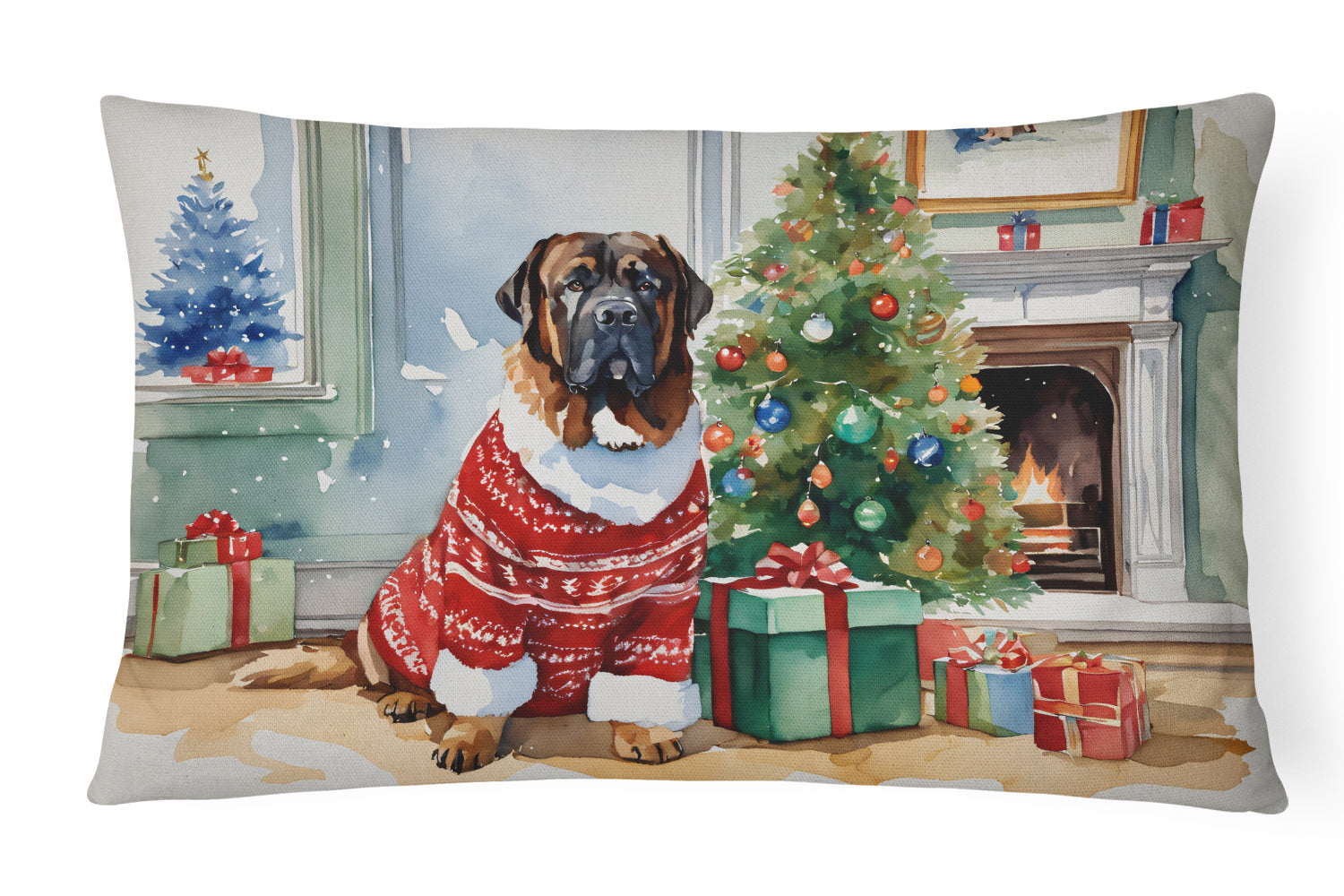 Tibetan Mastiff Cozy Christmas Decorative Throw Pillow 12x16 Indoor Outdoor Accent Cushion, Fabric Cover with Insert for Sofa, Bed, Porch & Living Room