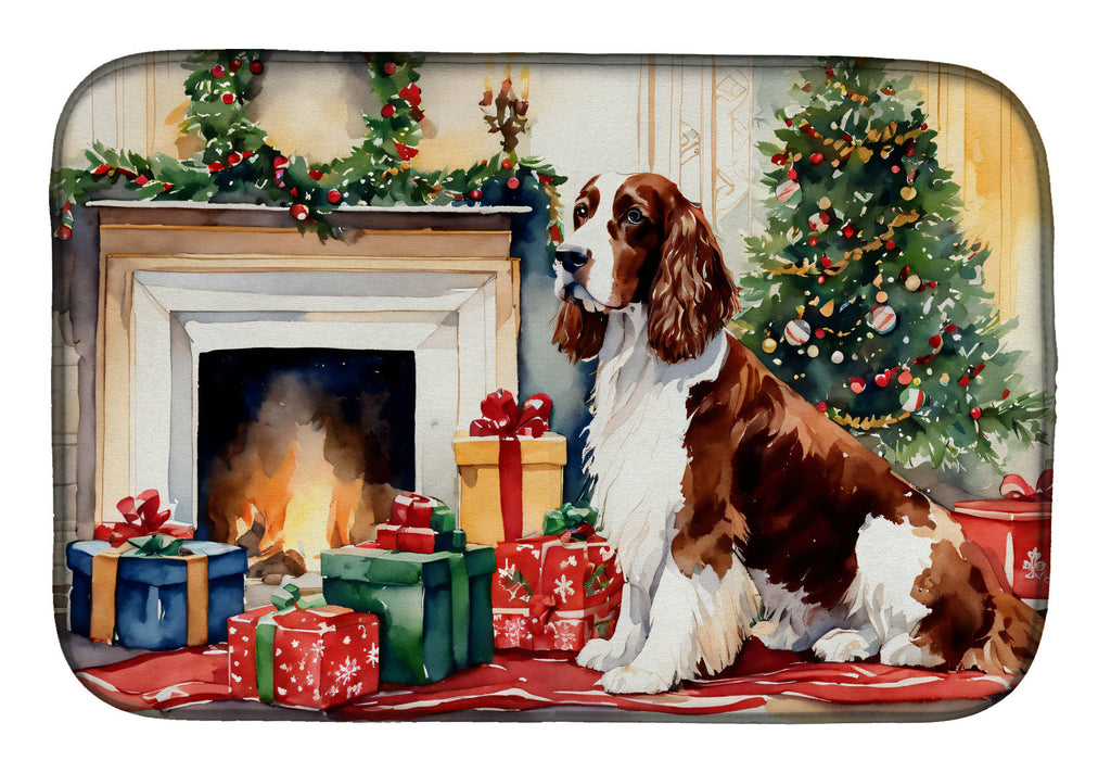 Welsh Springer Spaniel Cozy Christmas Dish Drying Mat Absorbent Dish Drying Mat Pad for Kitchen Counter Dish Drainer Mat for Countertop, 14 x 21", Multicolor