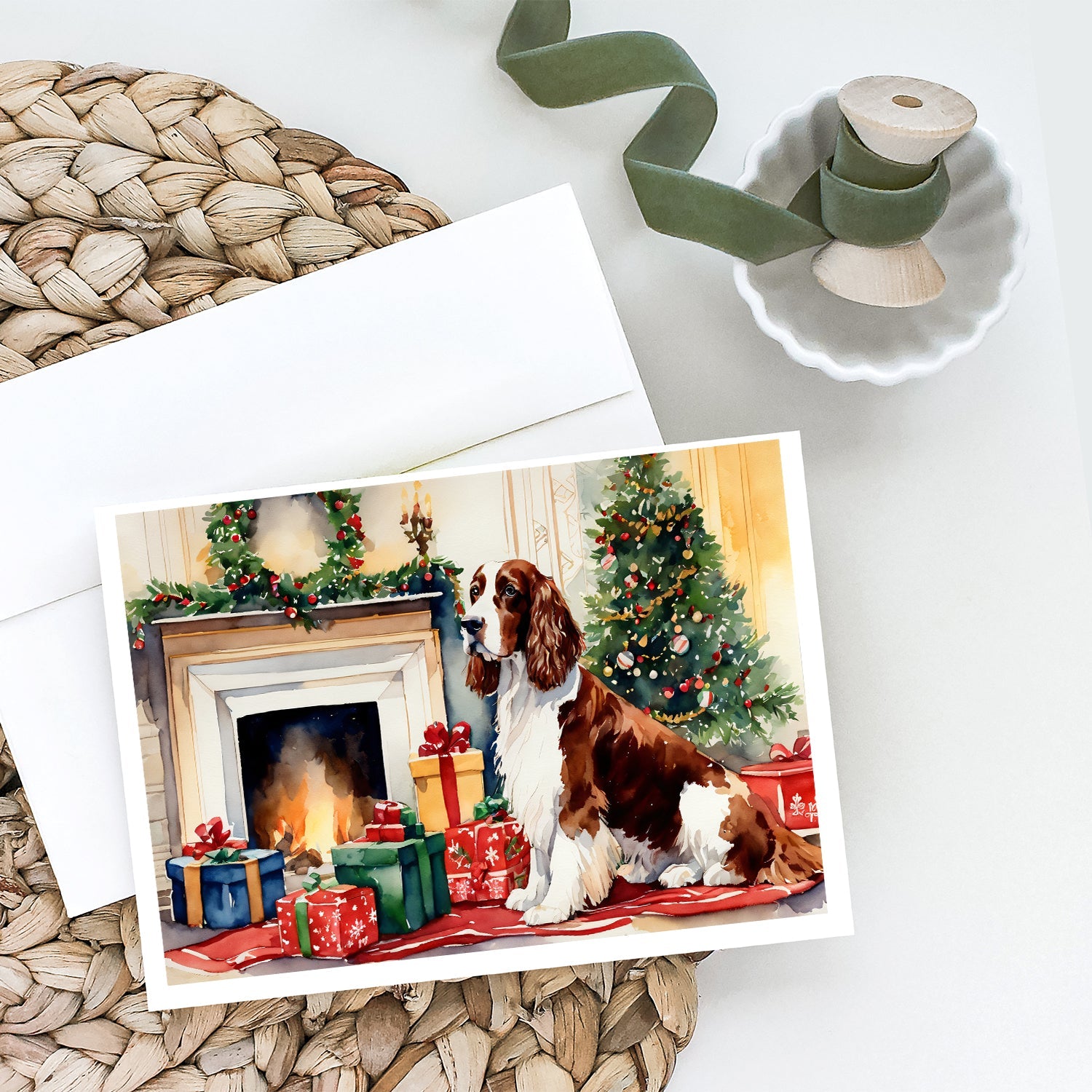 Welsh Springer Spaniel Cozy Christmas Greeting Cards Pack of 8 Blank Cards with Envelopes Whimsical A7 Size 5x7