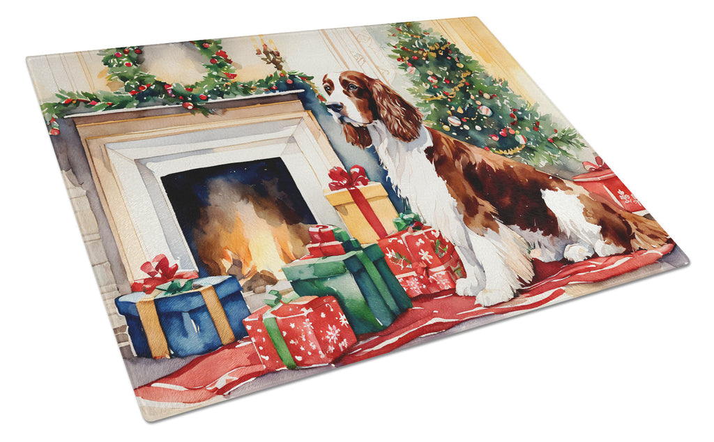 Welsh Springer Spaniel Cozy Christmas Cutting Board Tempered Glass Kitchen Cutting Surface, Heat Resistant Chopping, Non-Slip Feet, Food Prep & Serving
