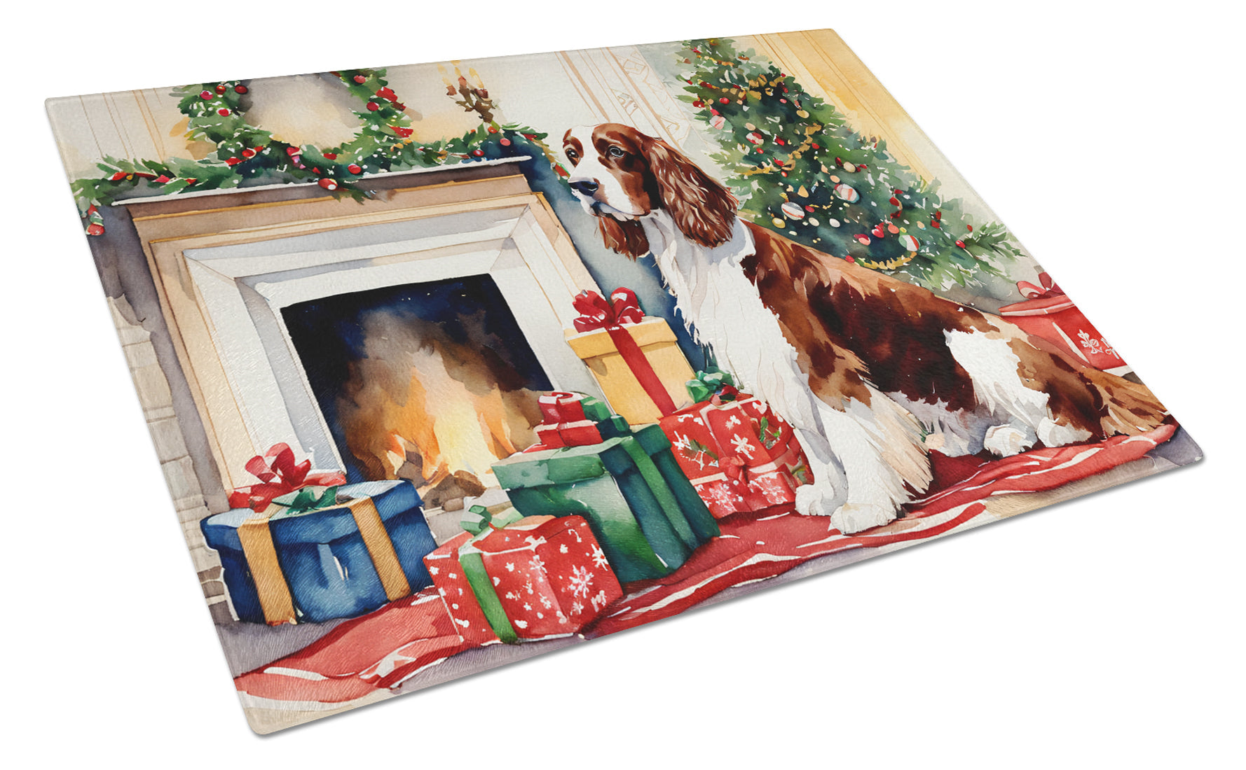 Welsh Springer Spaniel Cozy Christmas Cutting Board Tempered Glass Kitchen Cutting Surface, Heat Resistant Chopping, Non-Slip Feet, Food Prep & Serving