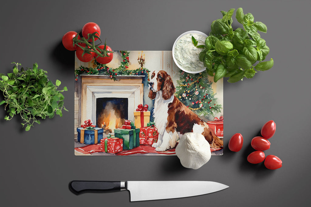 Welsh Springer Spaniel Cozy Christmas Cutting Board Tempered Glass Kitchen Cutting Surface, Heat Resistant Chopping, Non-Slip Feet, Food Prep & Serving