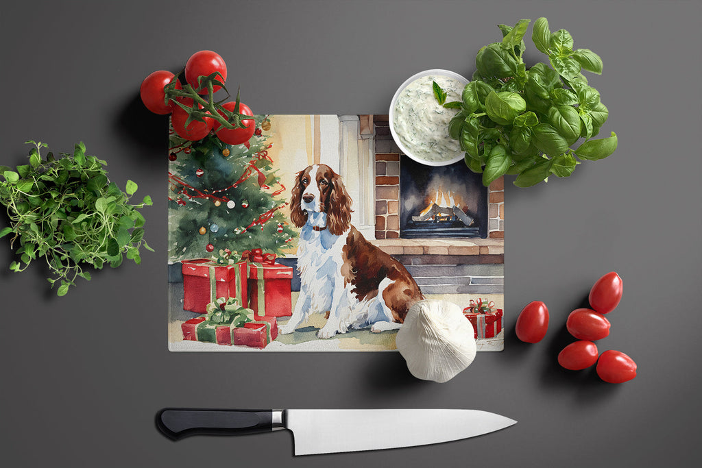 Welsh Springer Spaniel Cozy Christmas Cutting Board Tempered Glass Kitchen Cutting Surface, Heat Resistant Chopping, Non-Slip Feet, Food Prep & Serving