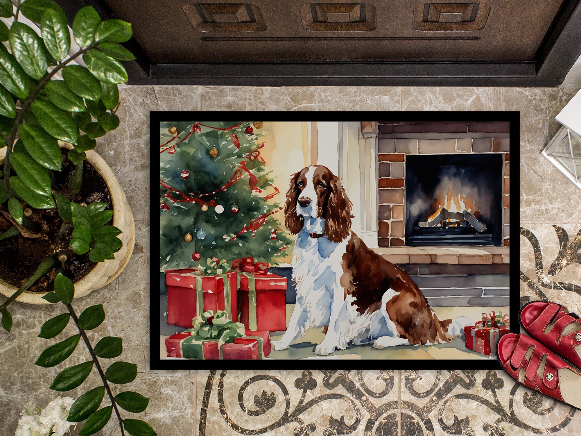 Welsh Springer Spaniel Cozy Christmas Doormat Indoor Outdoor 18H X 27W Front Door Mat Rugs for Entryway, Non Slip Washable