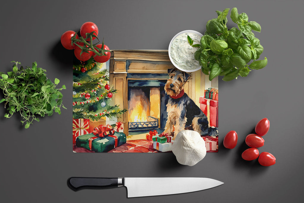 Welsh Terrier Cozy Christmas Cutting Board Tempered Glass Kitchen Cutting Surface, Heat Resistant Chopping, Non-Slip Feet, Food Prep & Serving