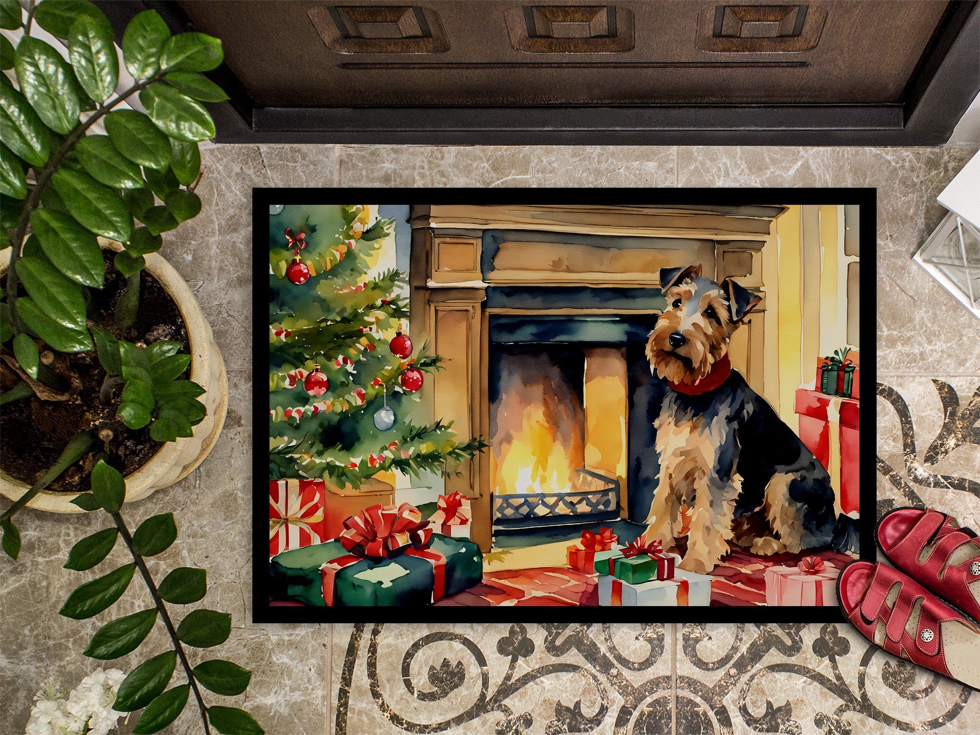 Welsh Terrier Cozy Christmas Doormat Indoor Outdoor 18H X 27W Front Door Mat Rugs for Entryway, Non Slip Washable