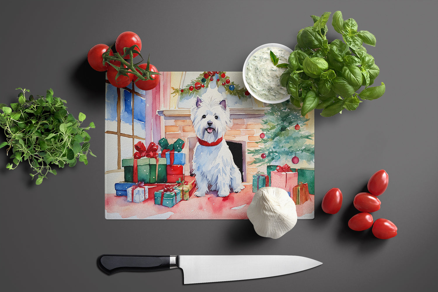 Westie Cozy Christmas Cutting Board Tempered Glass Kitchen Cutting Surface, Heat Resistant Chopping, Non-Slip Feet, Food Prep & Serving