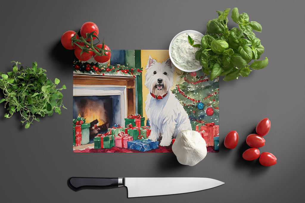 Westie Cozy Christmas Cutting Board Tempered Glass Kitchen Cutting Surface, Heat Resistant Chopping, Non-Slip Feet, Food Prep & Serving