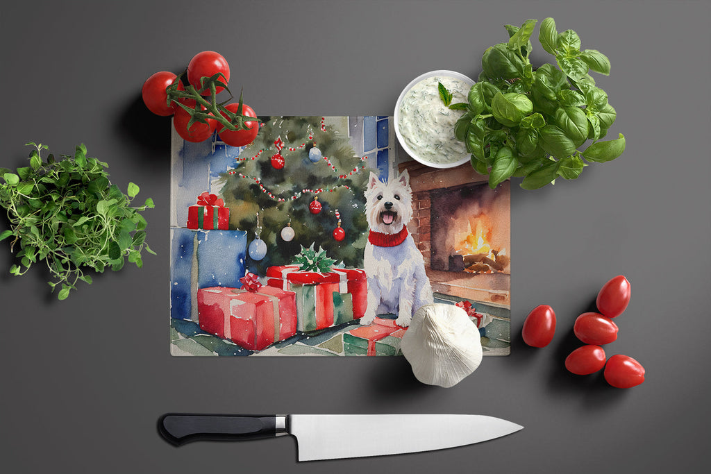 Westie Cozy Christmas Cutting Board Tempered Glass Kitchen Cutting Surface, Heat Resistant Chopping, Non-Slip Feet, Food Prep & Serving